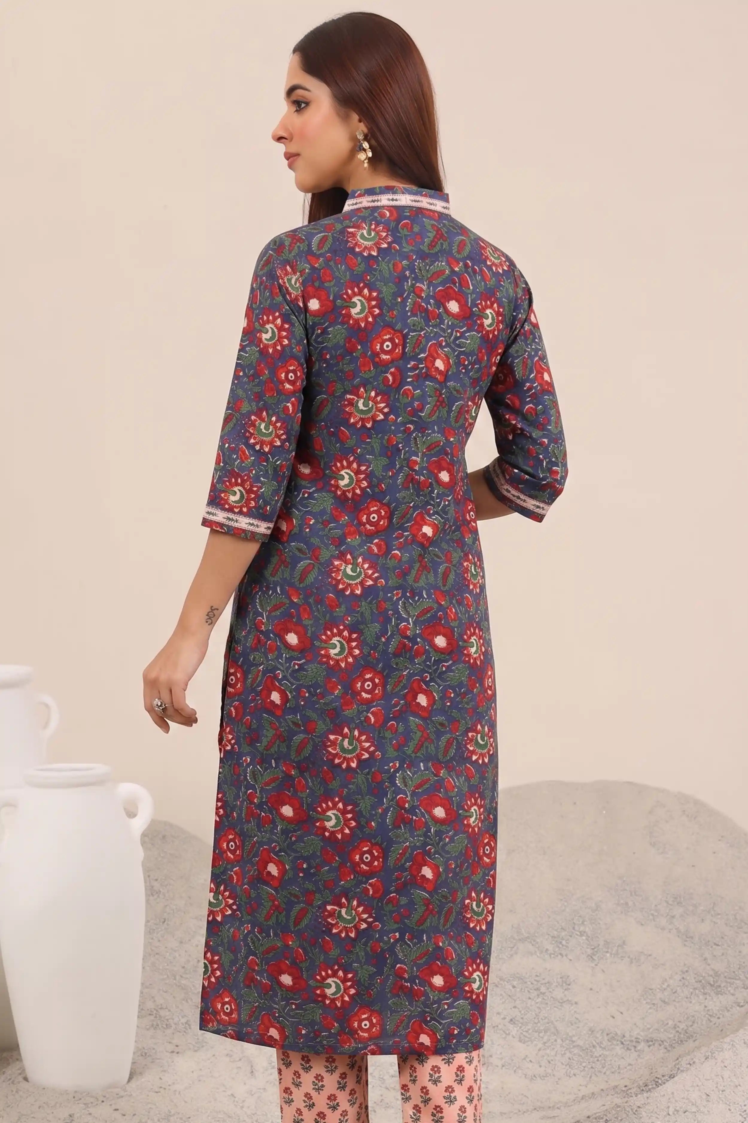 Blue Hand Block Printed Straight Cotton Kurta Pant Set (2 Pcs)