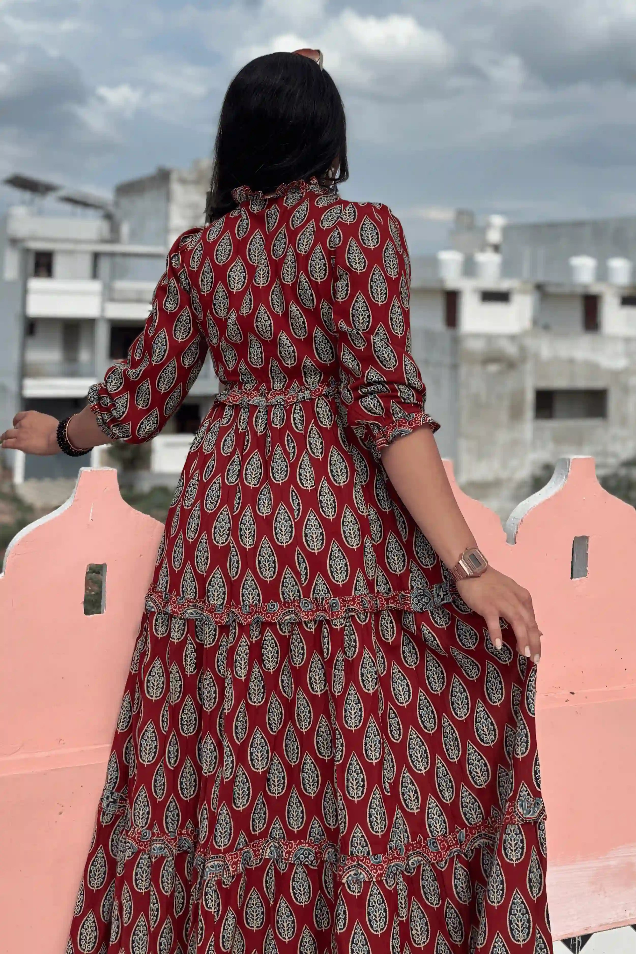 Red Hand Printed Tiered Maxi Dress
