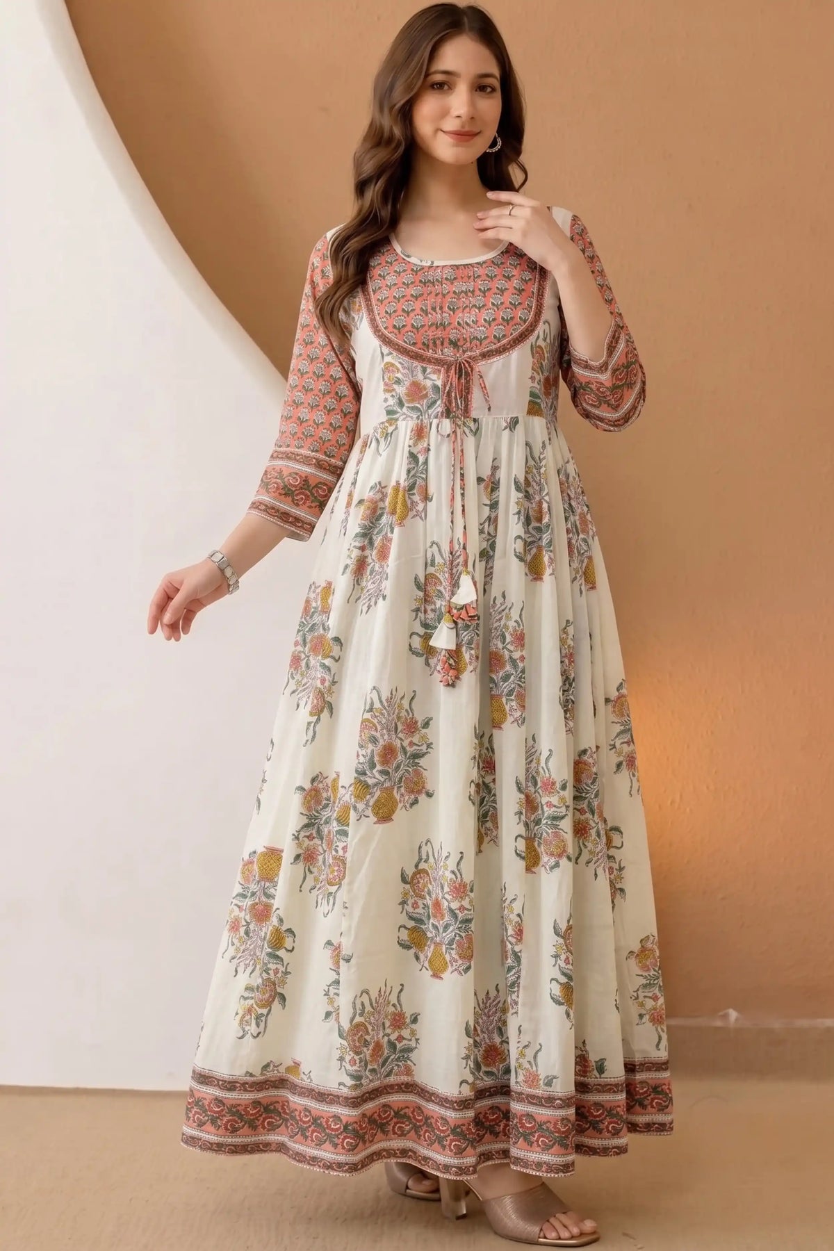 Orange Hand Block Floral Printed Anarkali Maxi Dress