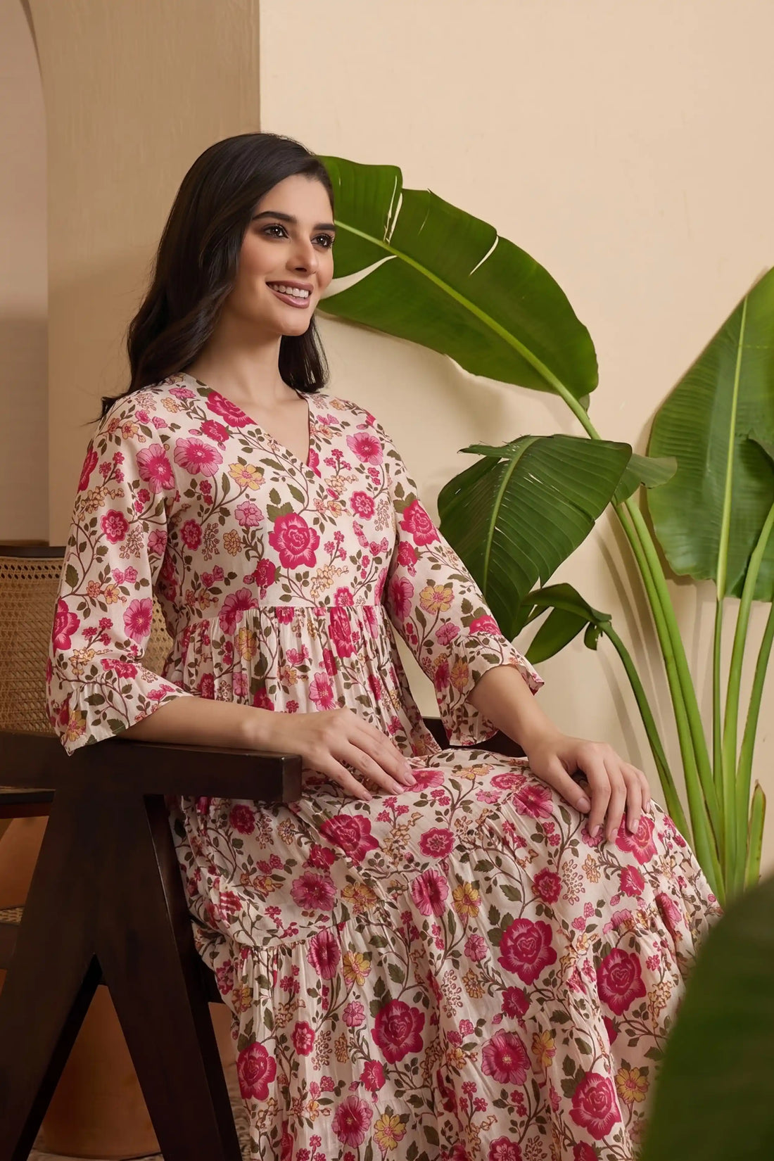 Pink Long Printed Tired Dress With Gather