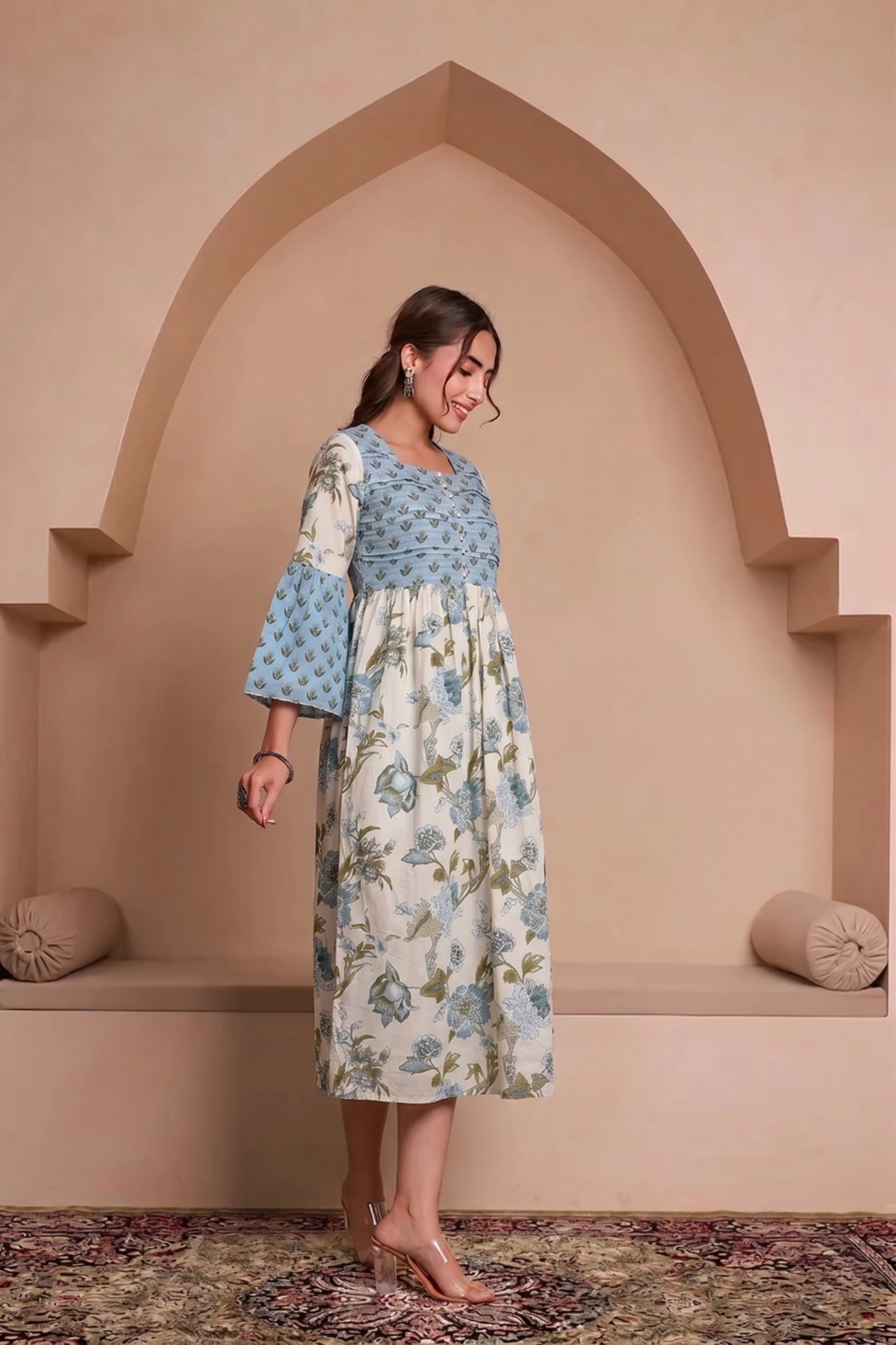 Blue Hand Printed Floral Midi Dress with Square Neck