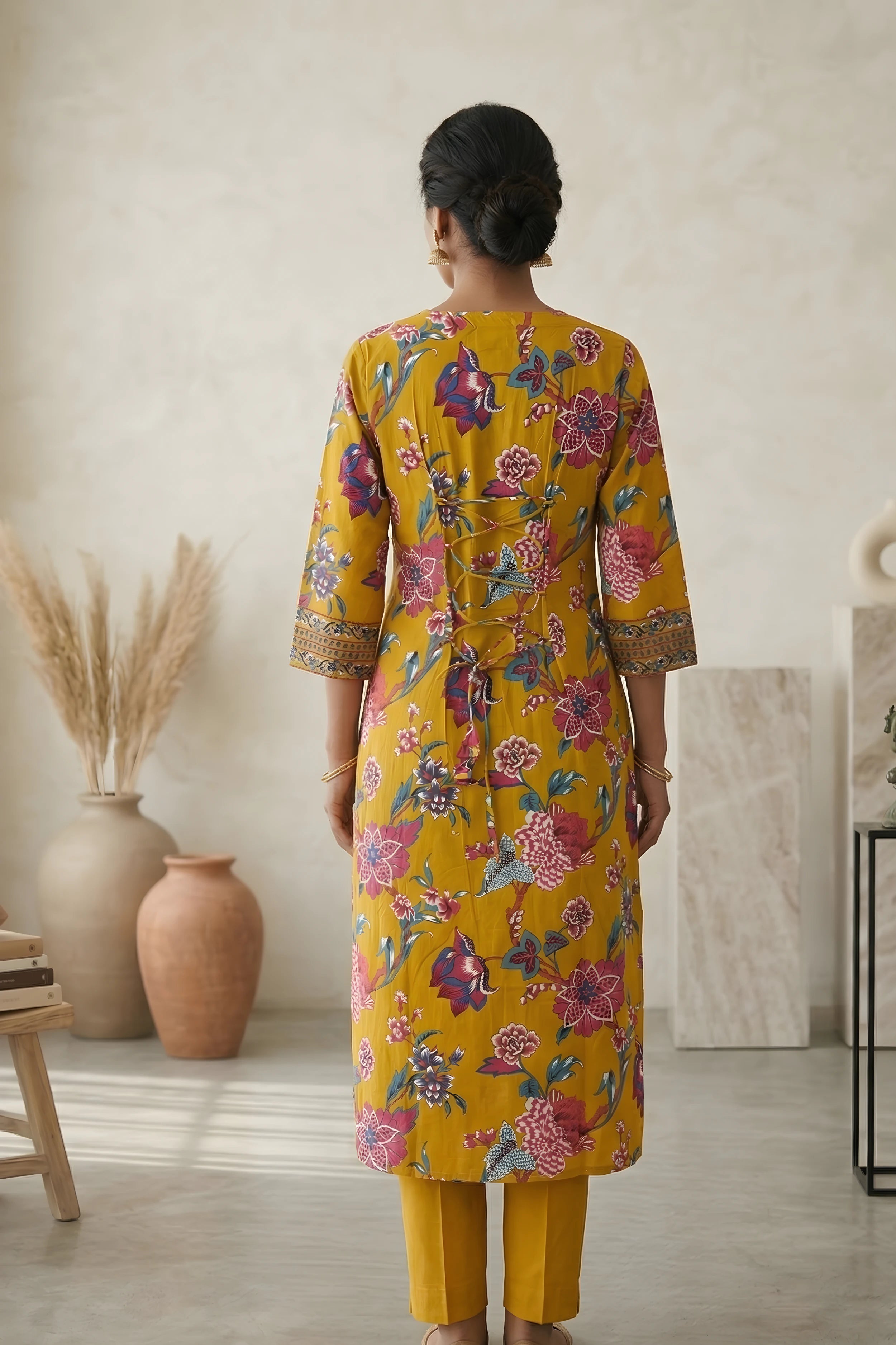 Mustard Floral Hand Printed Corset Back Straight Kurta