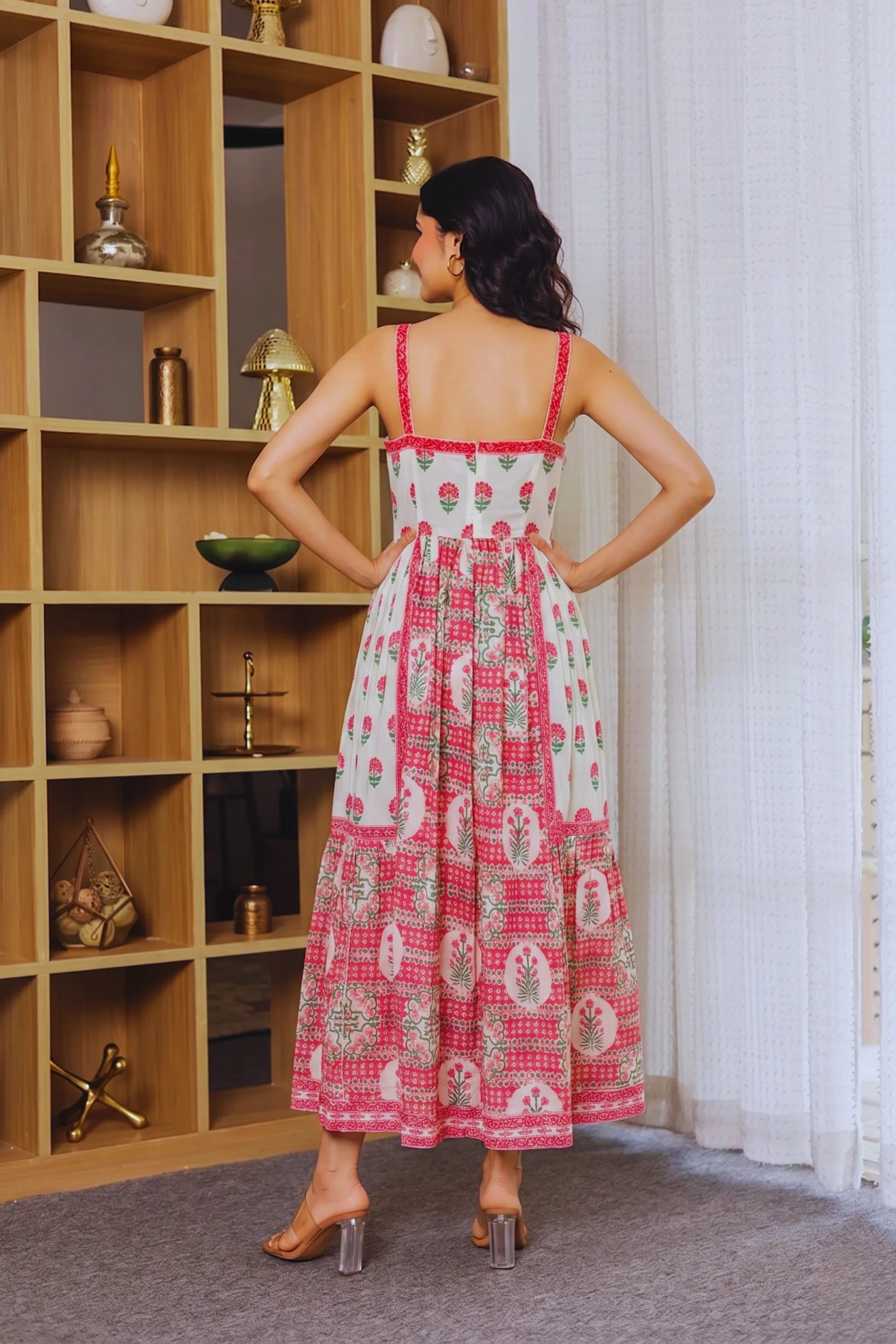 Light Pink Hand Block Floral Printed Sleeveless Tiered Midi Dress