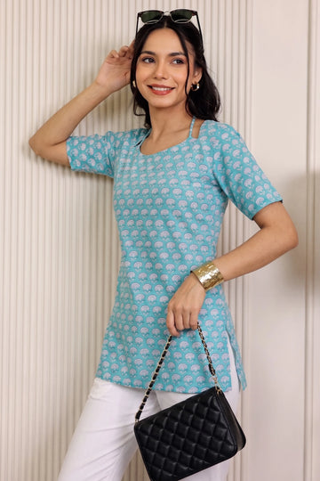 Aqua Green Hand Block Printed Cotton Top with Round Neck & Adjustable Back Corset Detail
