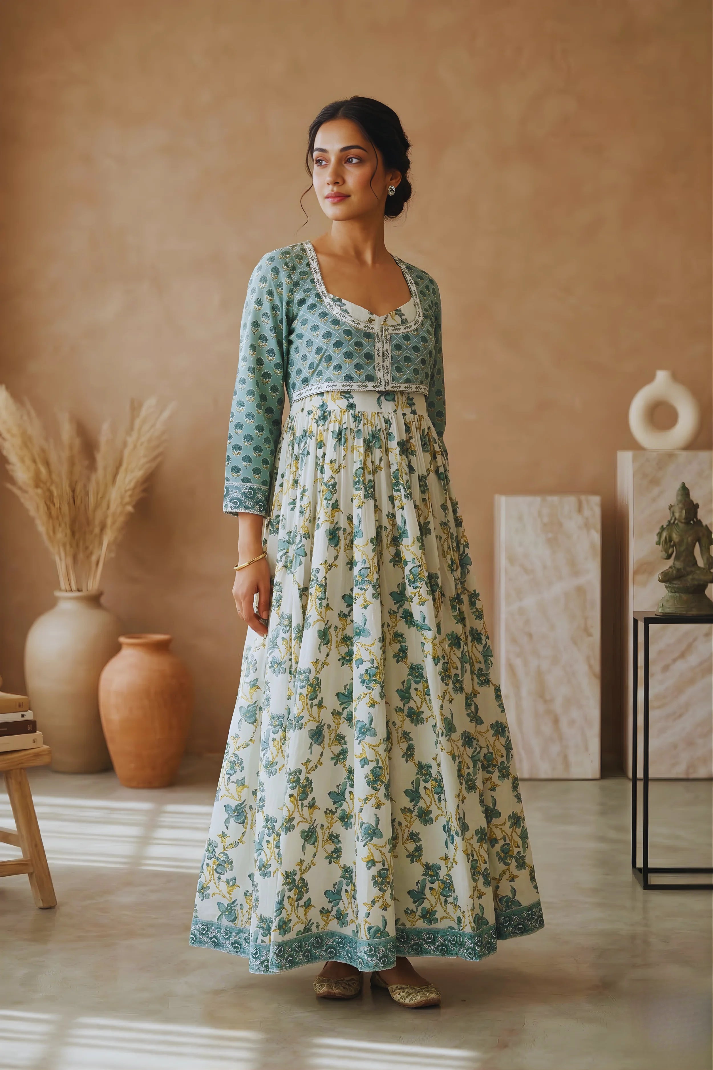 Sea Green Hand Block Floral Printed Anarkali Maxi Kurta