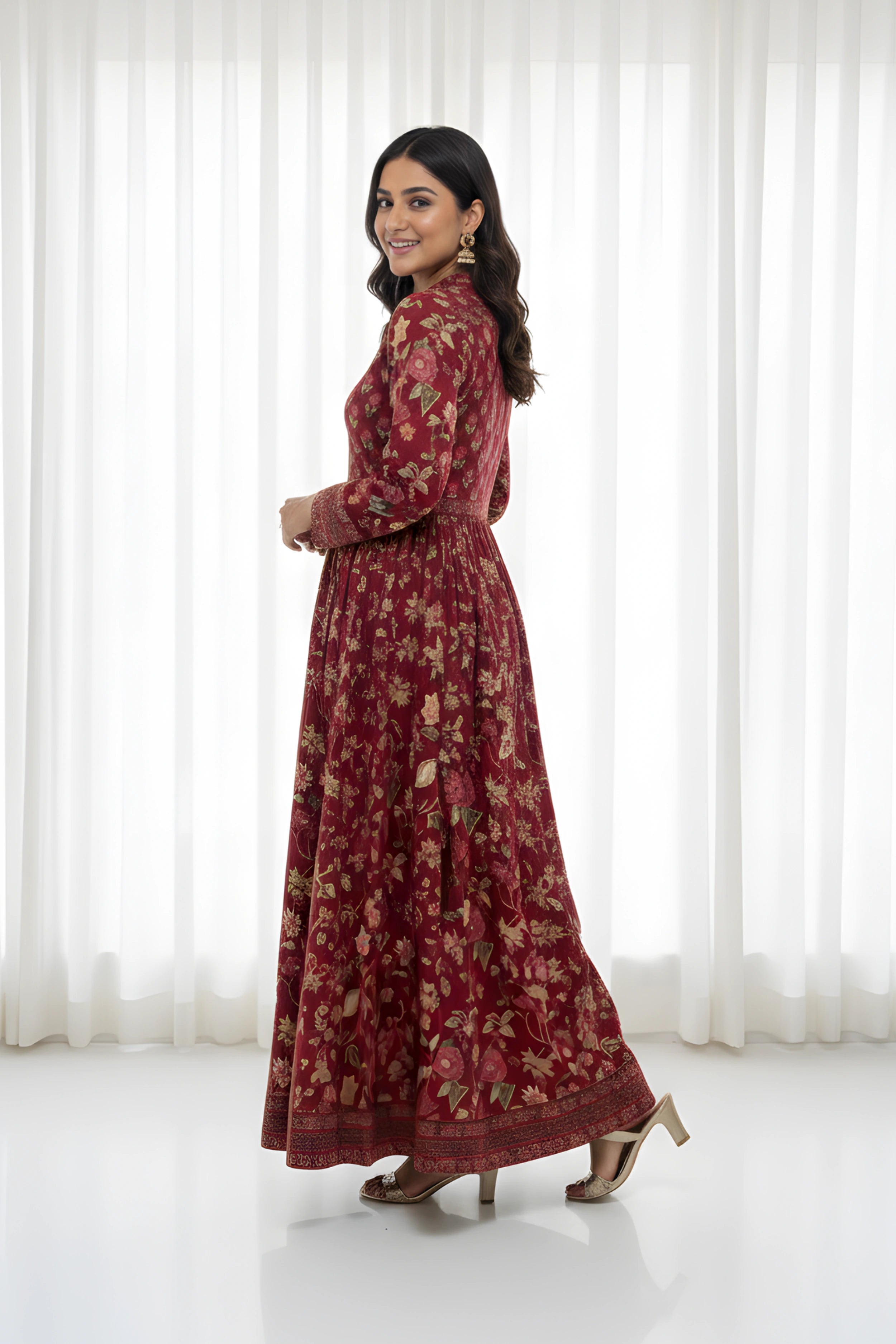 Wine Anarkali Cotton Hand Block Printed Ethnic Maxi Dress