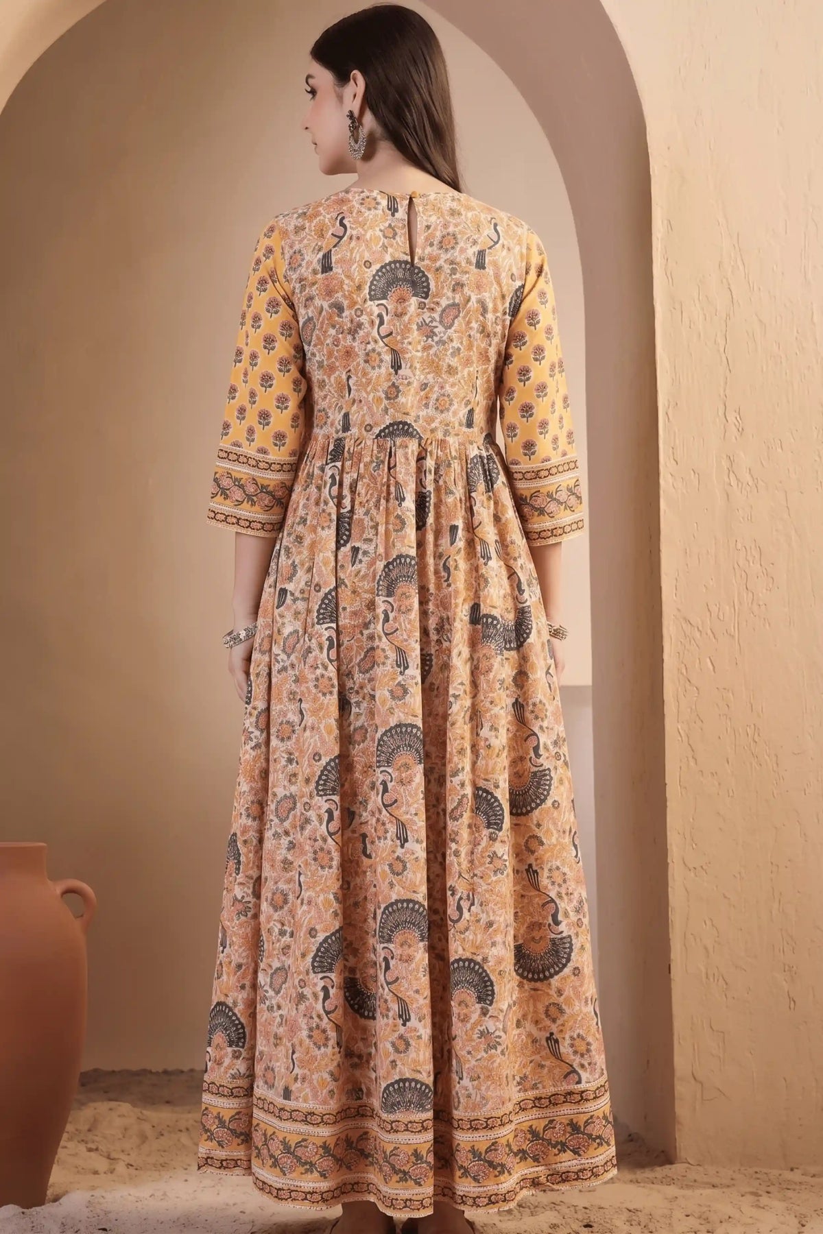 Yellow Hand Block Printed Anarkali Dress with Peacock Motifs