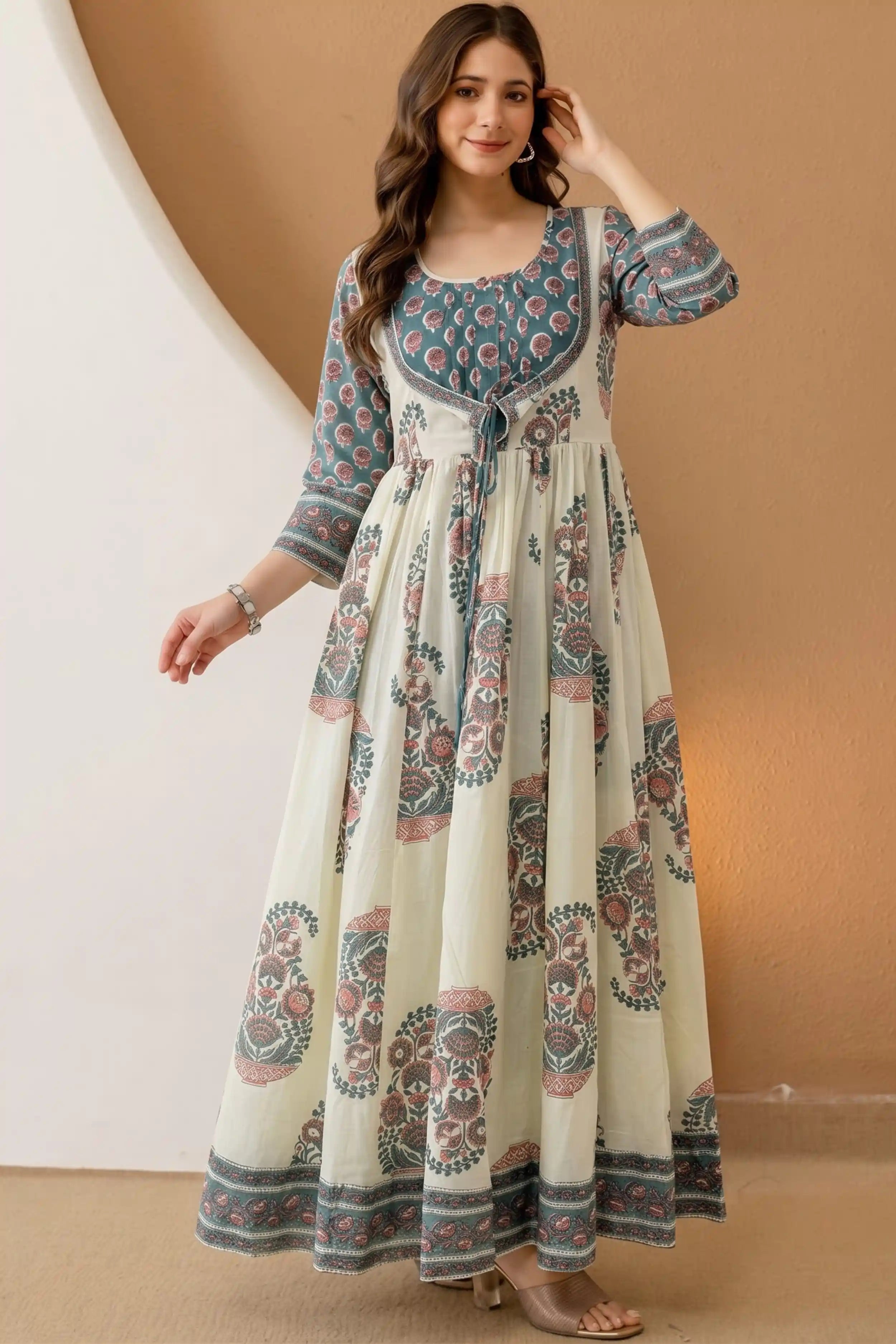 Sea Green Hand Block Floral Printed Anarkali Maxi Dress