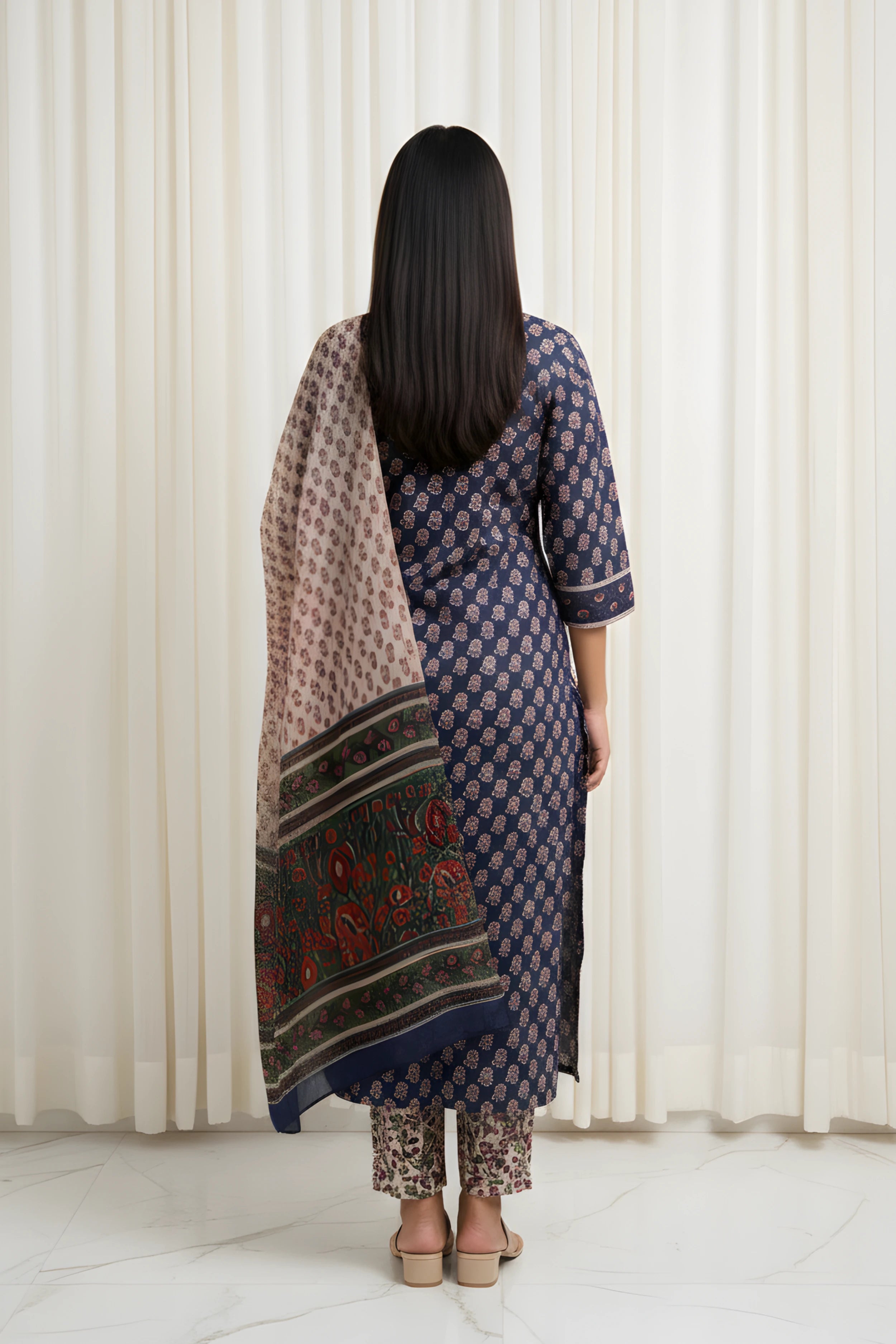 Royal Blue Hand Block Printed Straight Kurta Set with Dupatta