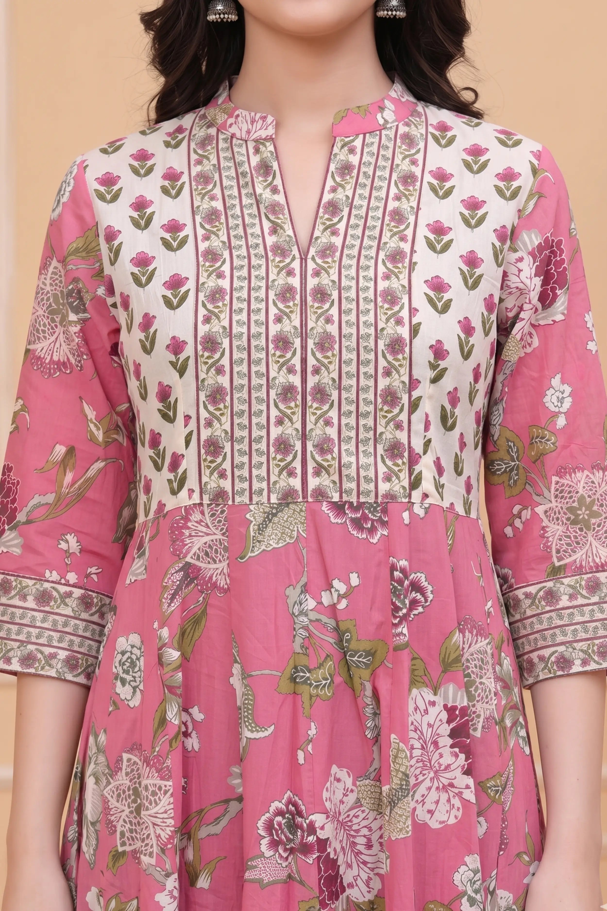 Pink Floral Hand Printed Anarkali Maxi Dress