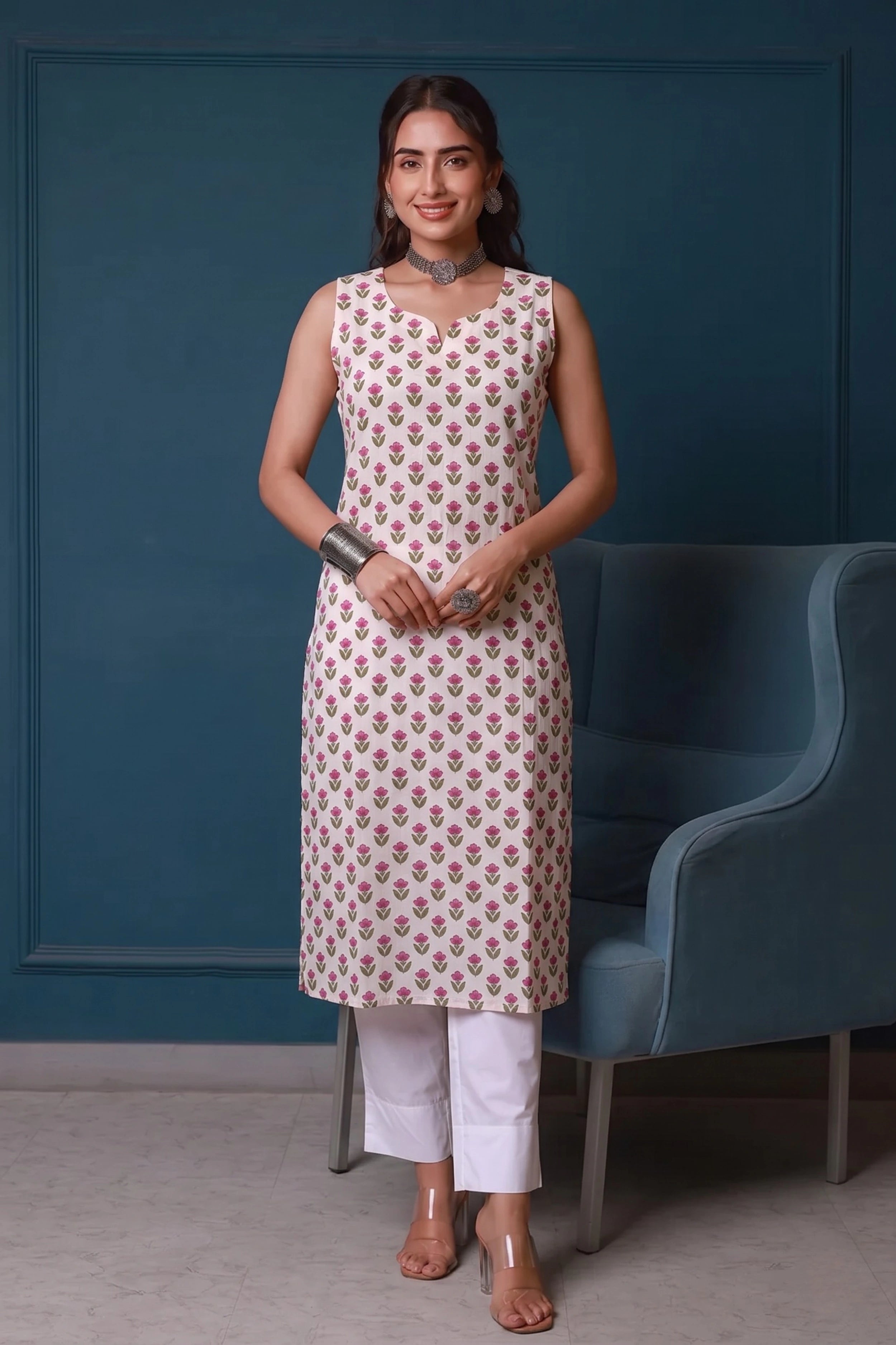 Pink Hand Printed Sleeveless Straight Kurta