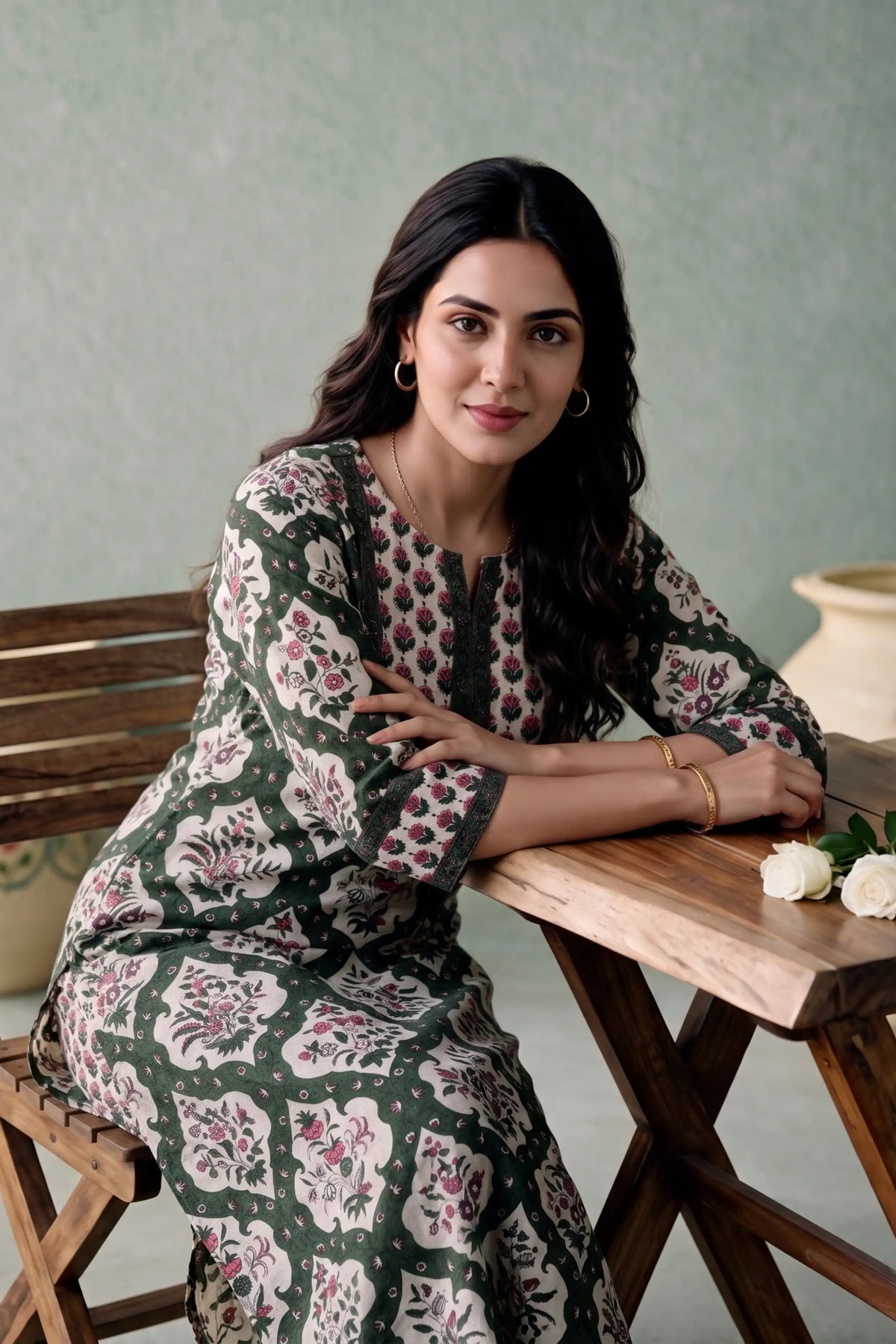Green Floral Printed Cotton Flex Straight Kurta Set (Winter Special) – 2 PCS