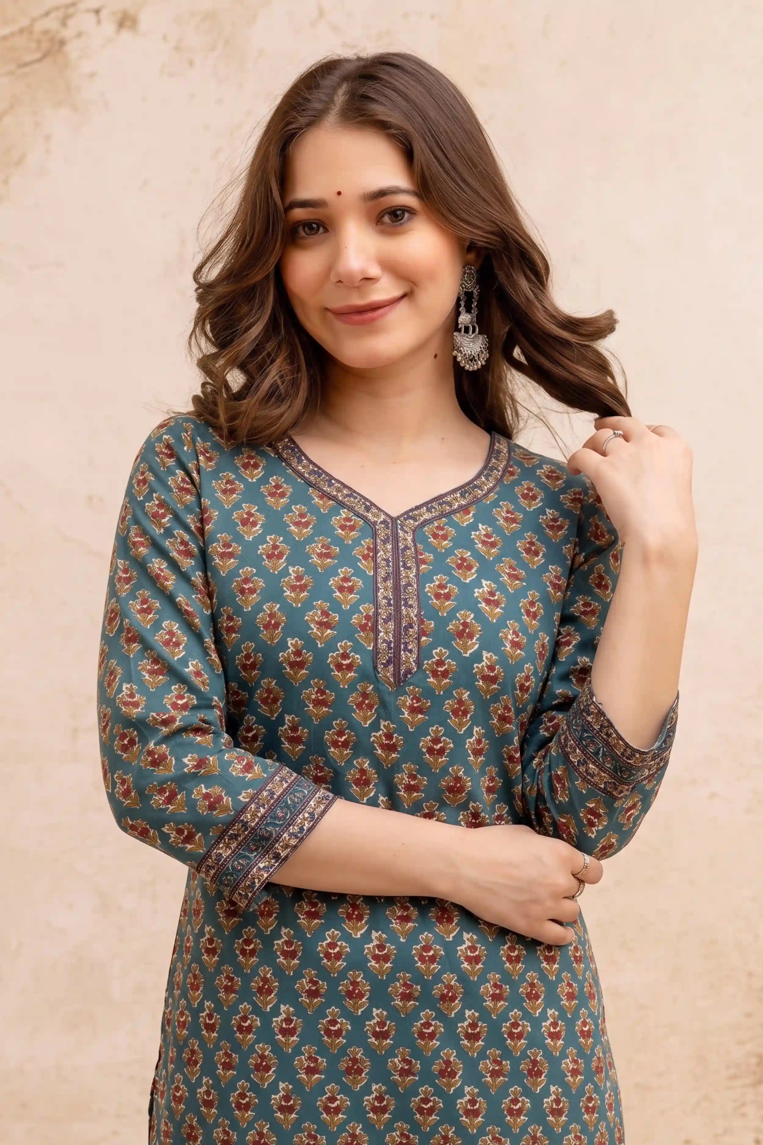 Green V-Neck Hand Printed Straight Kurta