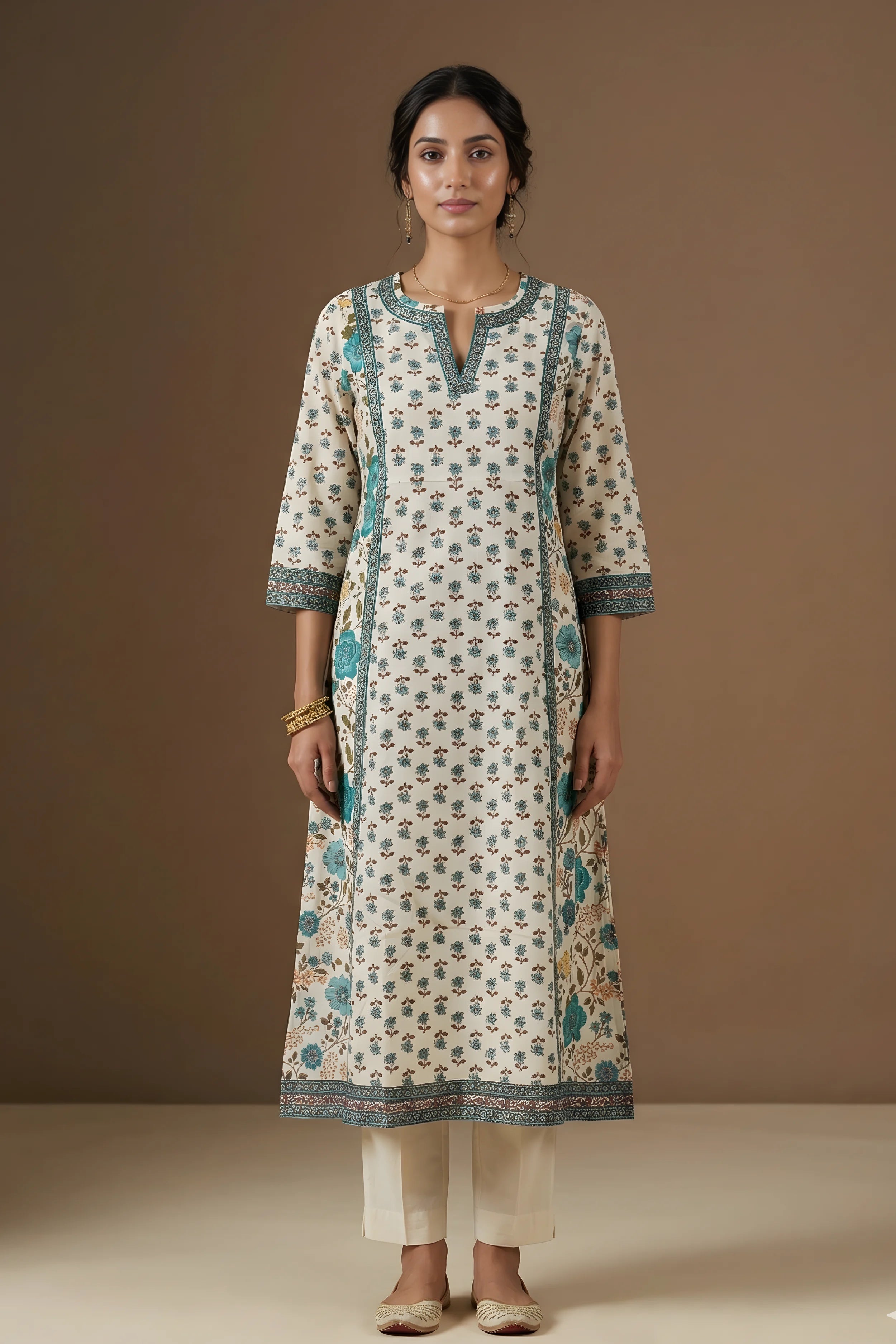 Sea Green Hand Printed A-line Kurta