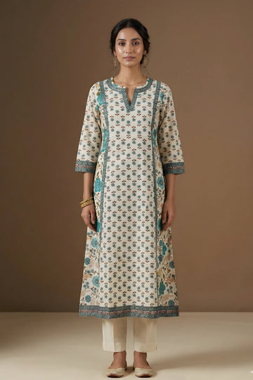 Sea Green Hand Printed A-line Kurta