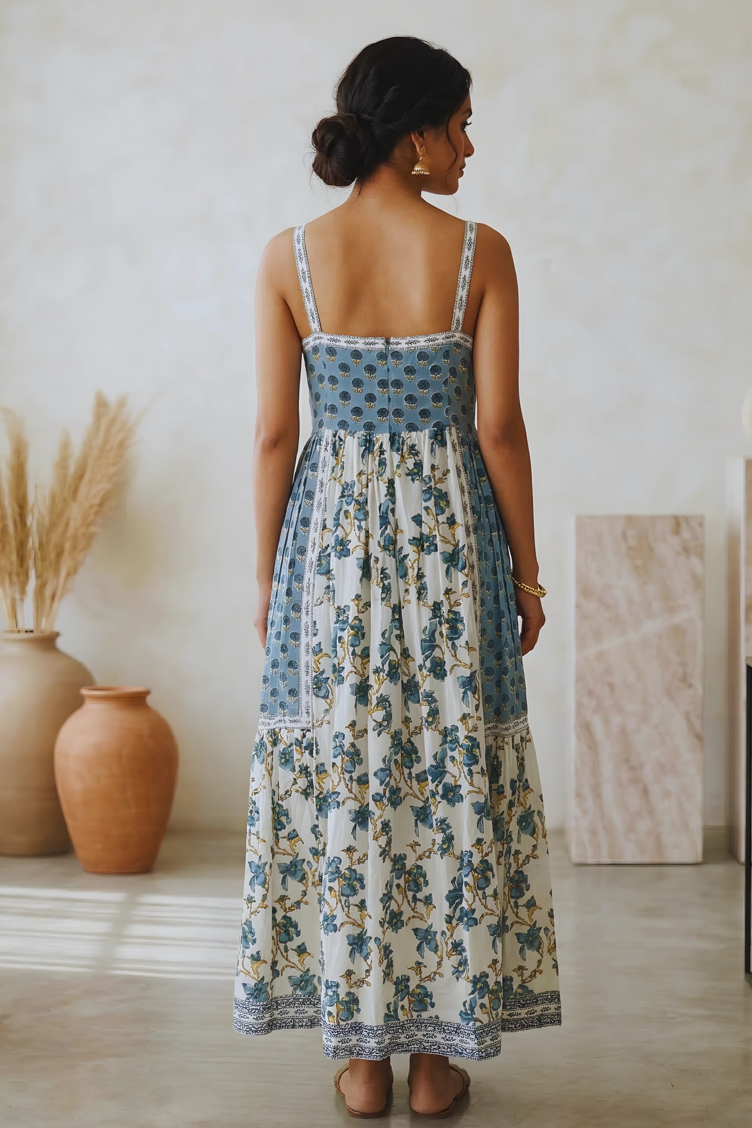 Sea Green Hand Block Floral Printed Sleeveless Tiered Midi Dress