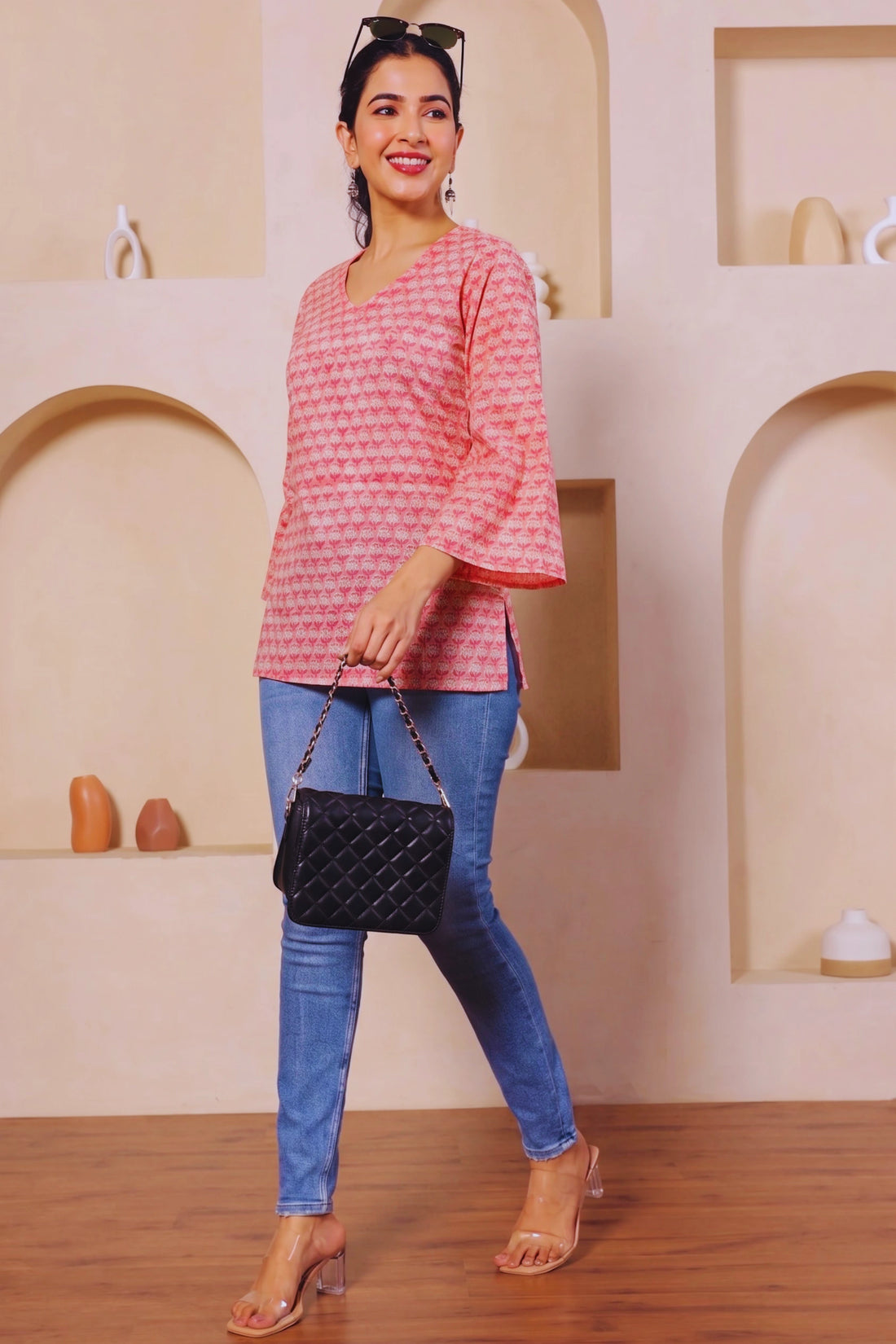 Light Pink Hand Block Printed Short Kurti