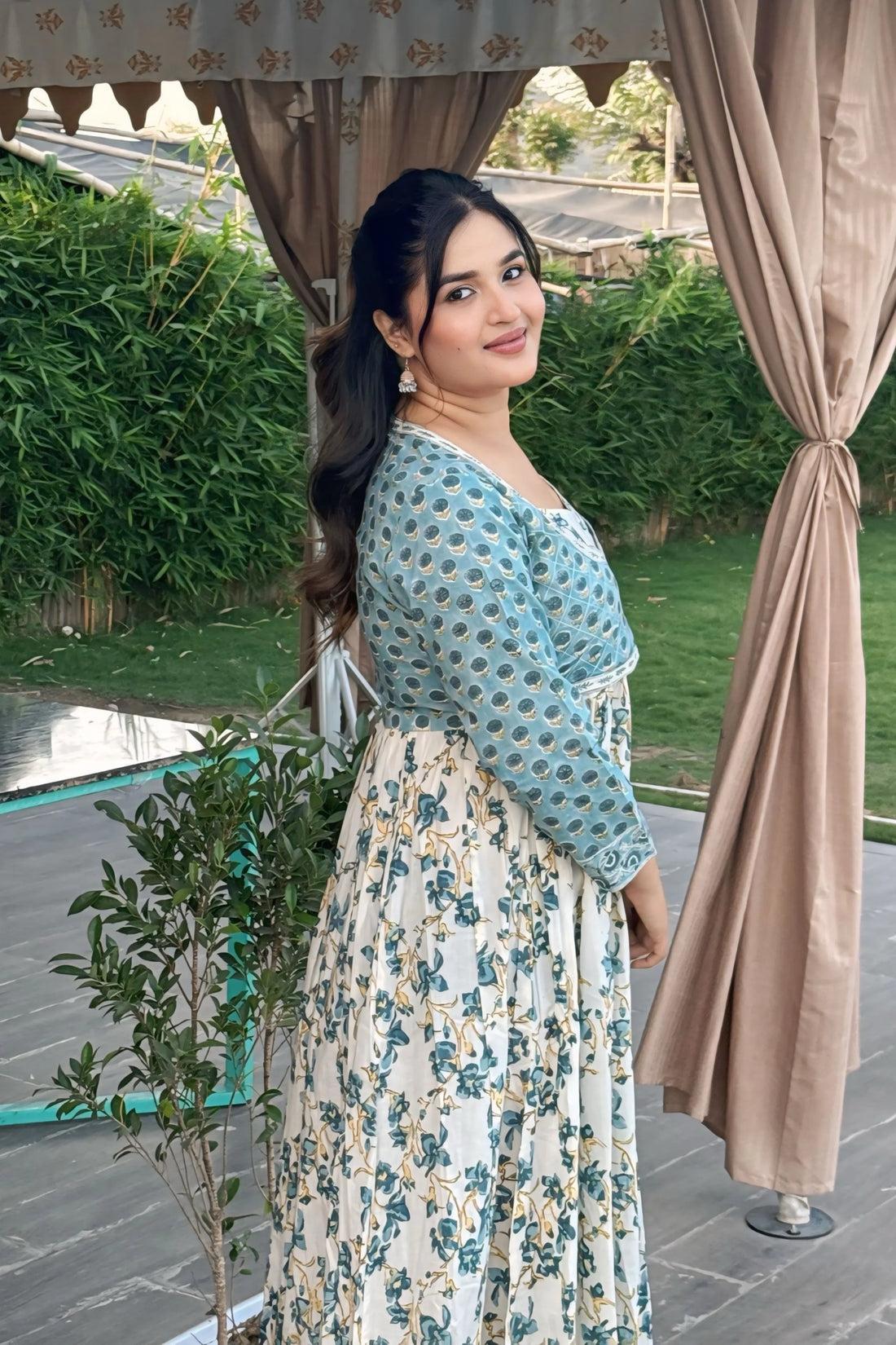 Sea Green Hand Block Floral Printed Anarkali Maxi Kurta