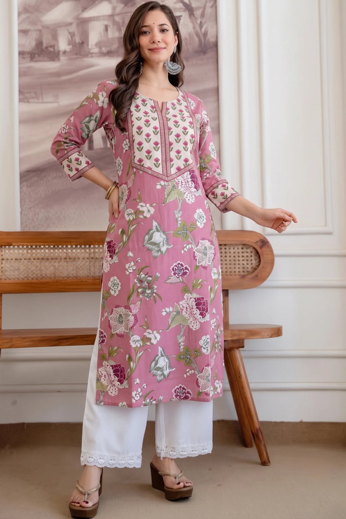 Cream Pink Hand Printed Straight cotton Kurta