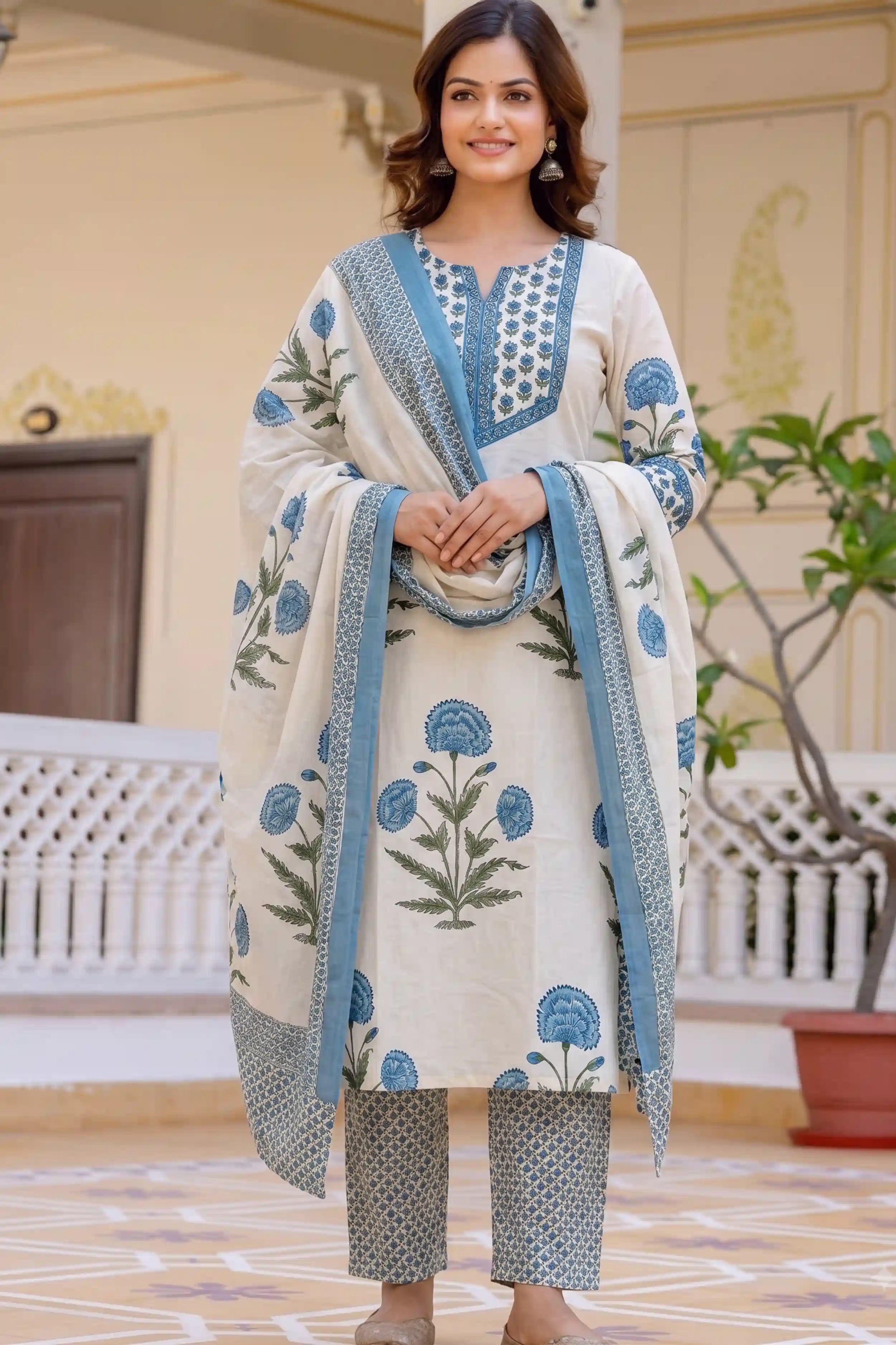 Sky Blue Straight Kurta Set with Cotton Dupatta