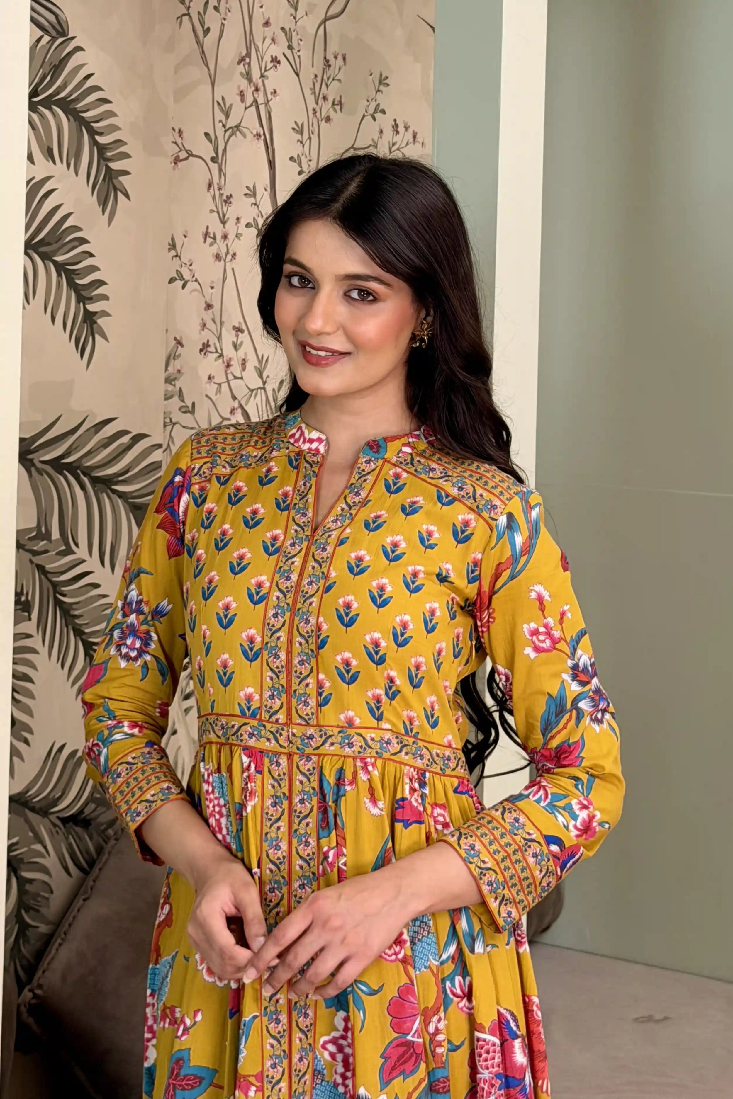Mustard Anarkali Cotton Hand Block Printed Ethnic Maxi Dress