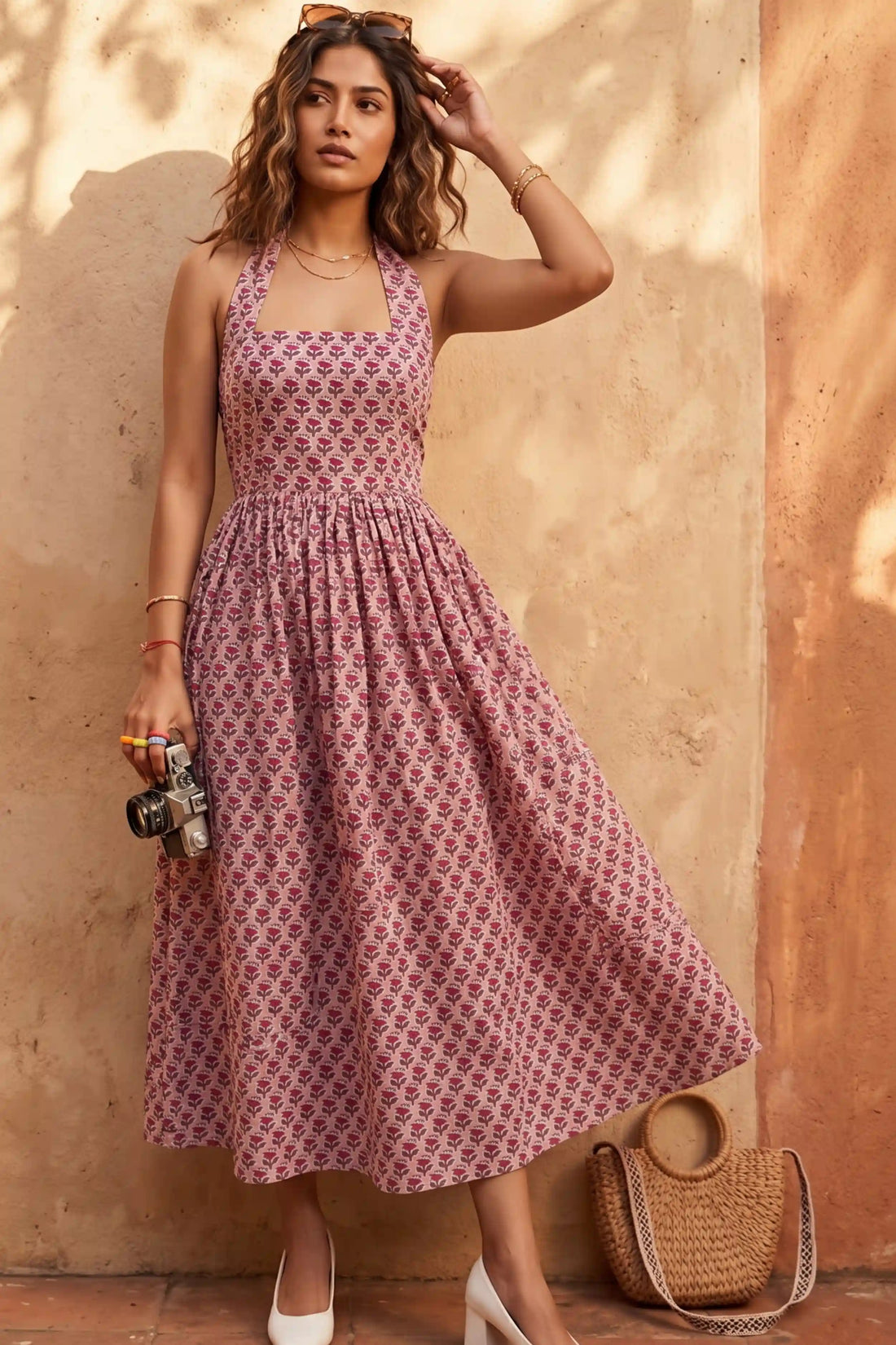 Dusty Rose Hand-Block Print Halter Neck Midi Dress