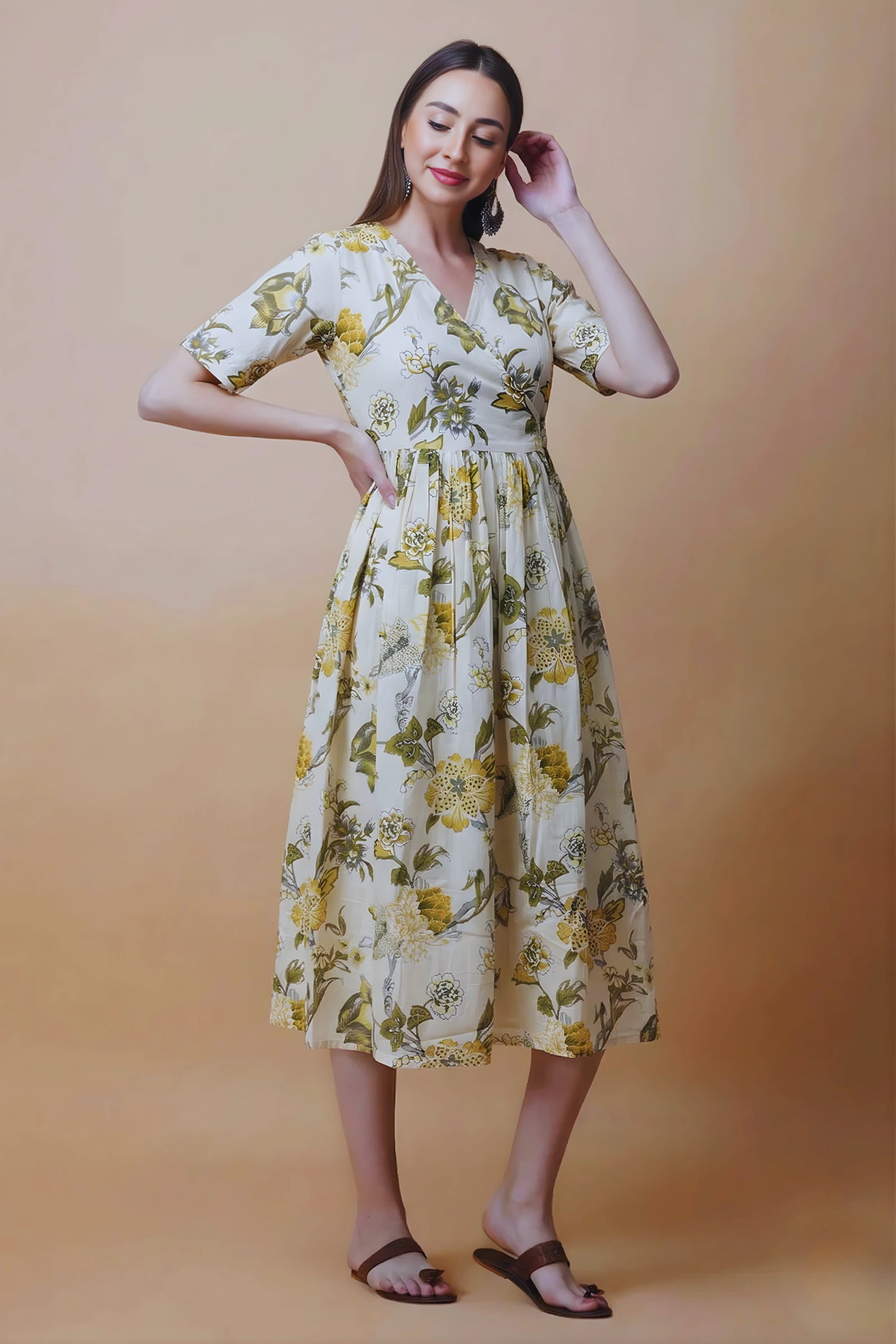 Yellow Hand Printed V-Neck Midi Dress In Angrakha style