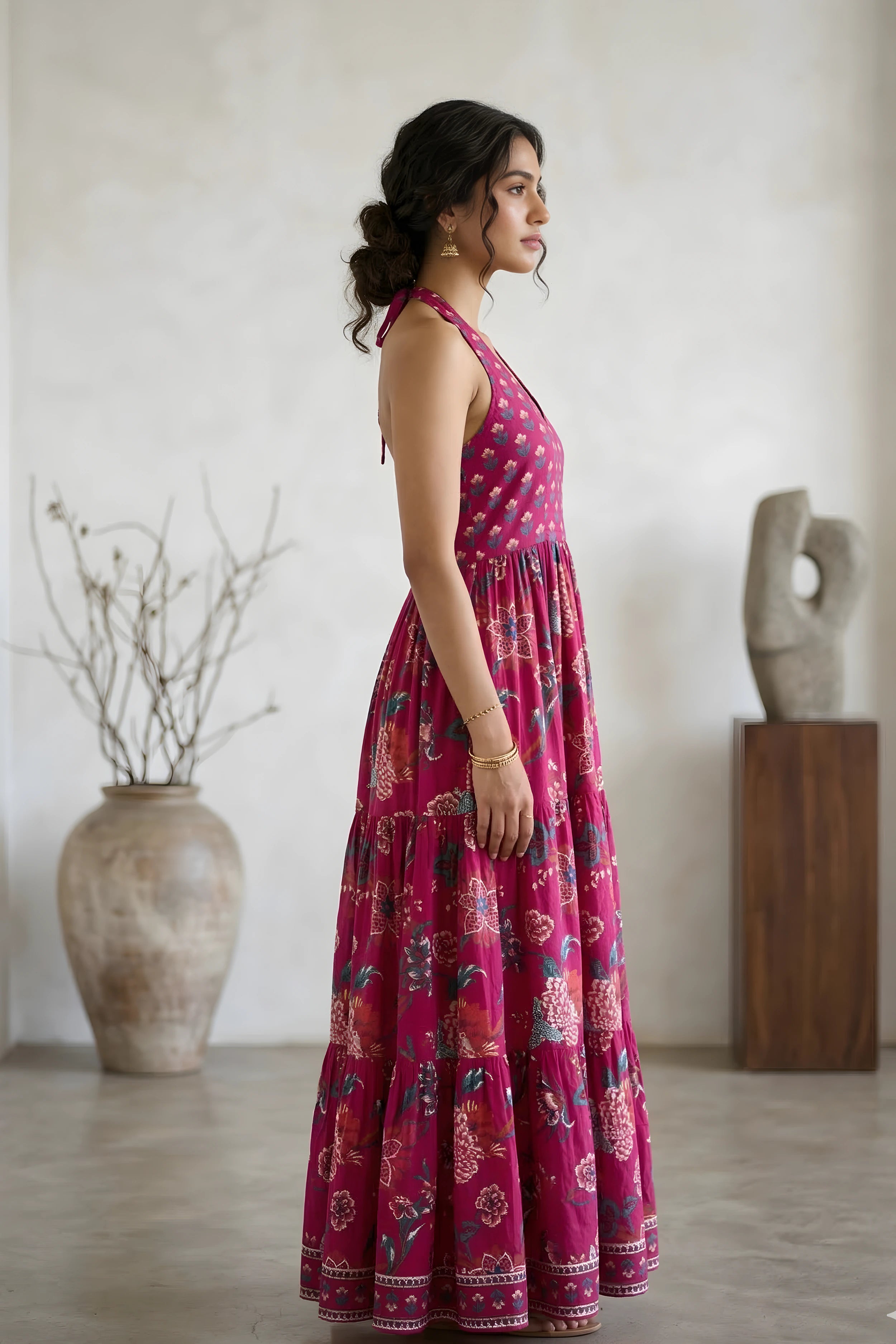Pink Floral Hand Printed Halter Maxi Dress