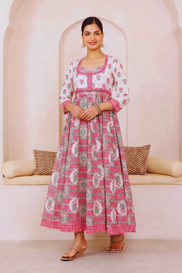 Light Pink Hand Block Floral Printed Anarkali Maxi Kurta