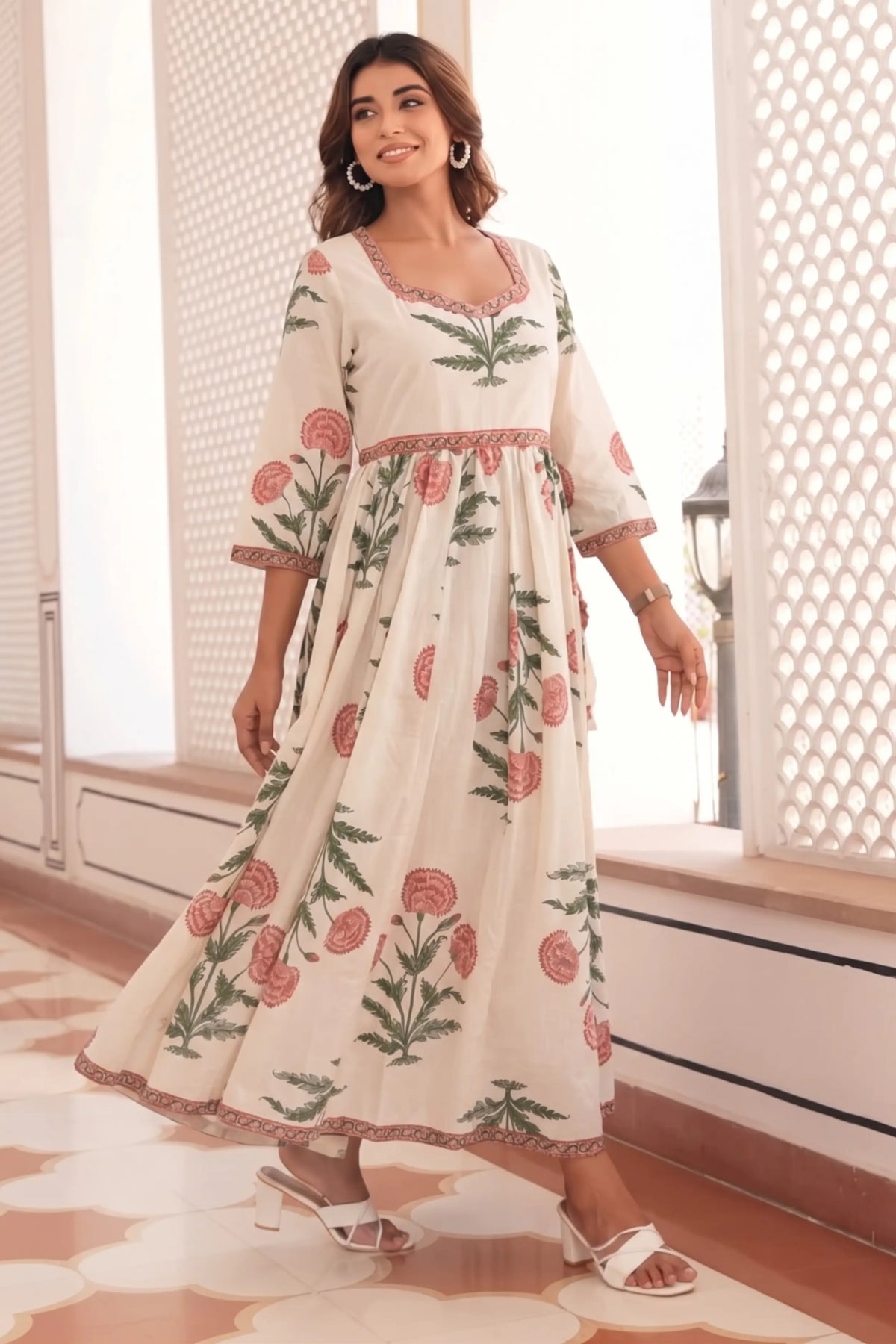 Peach Hand-Printed Anarkali Maxi Dress