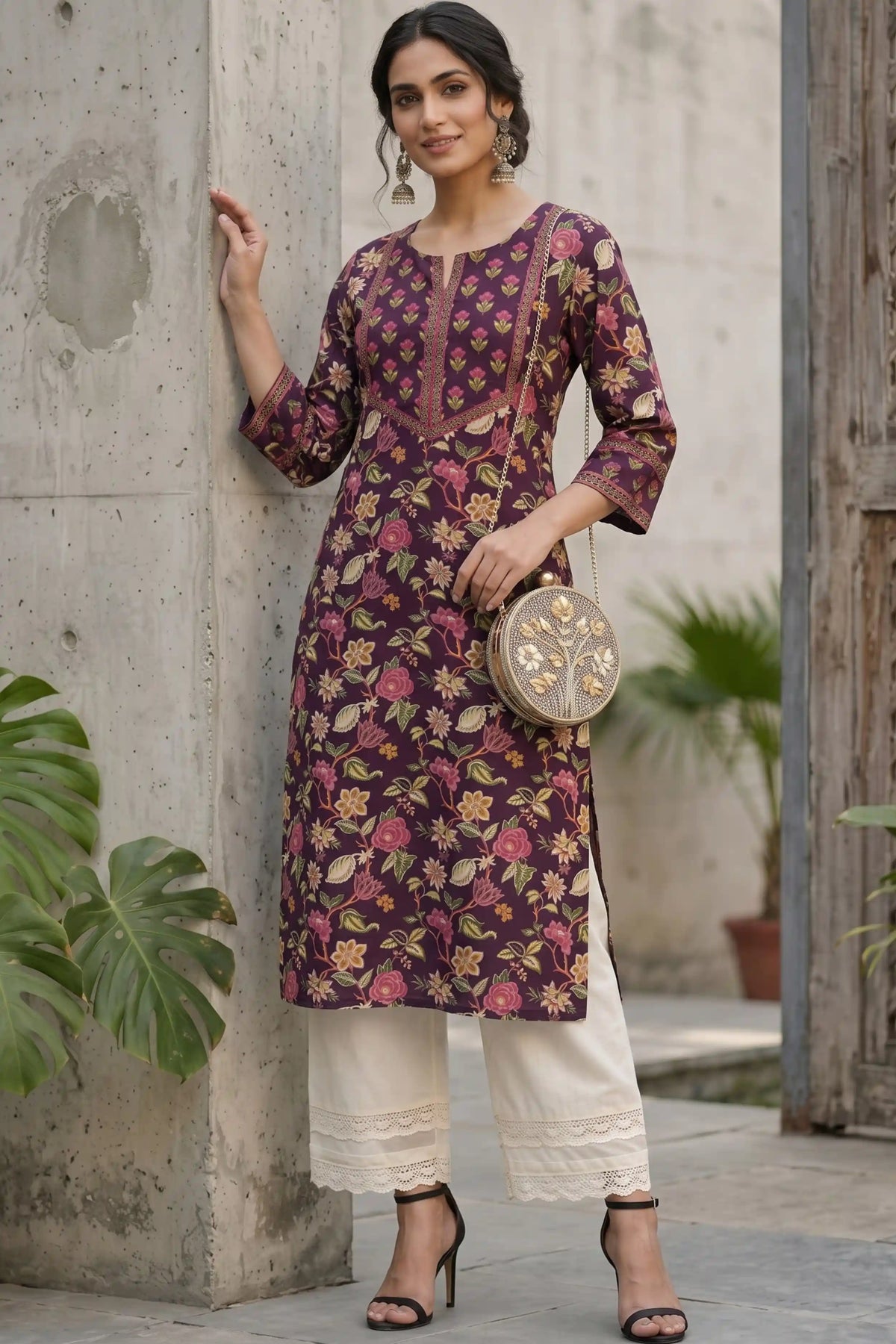 Burgundy Hand Printed Straight cotton Kurta