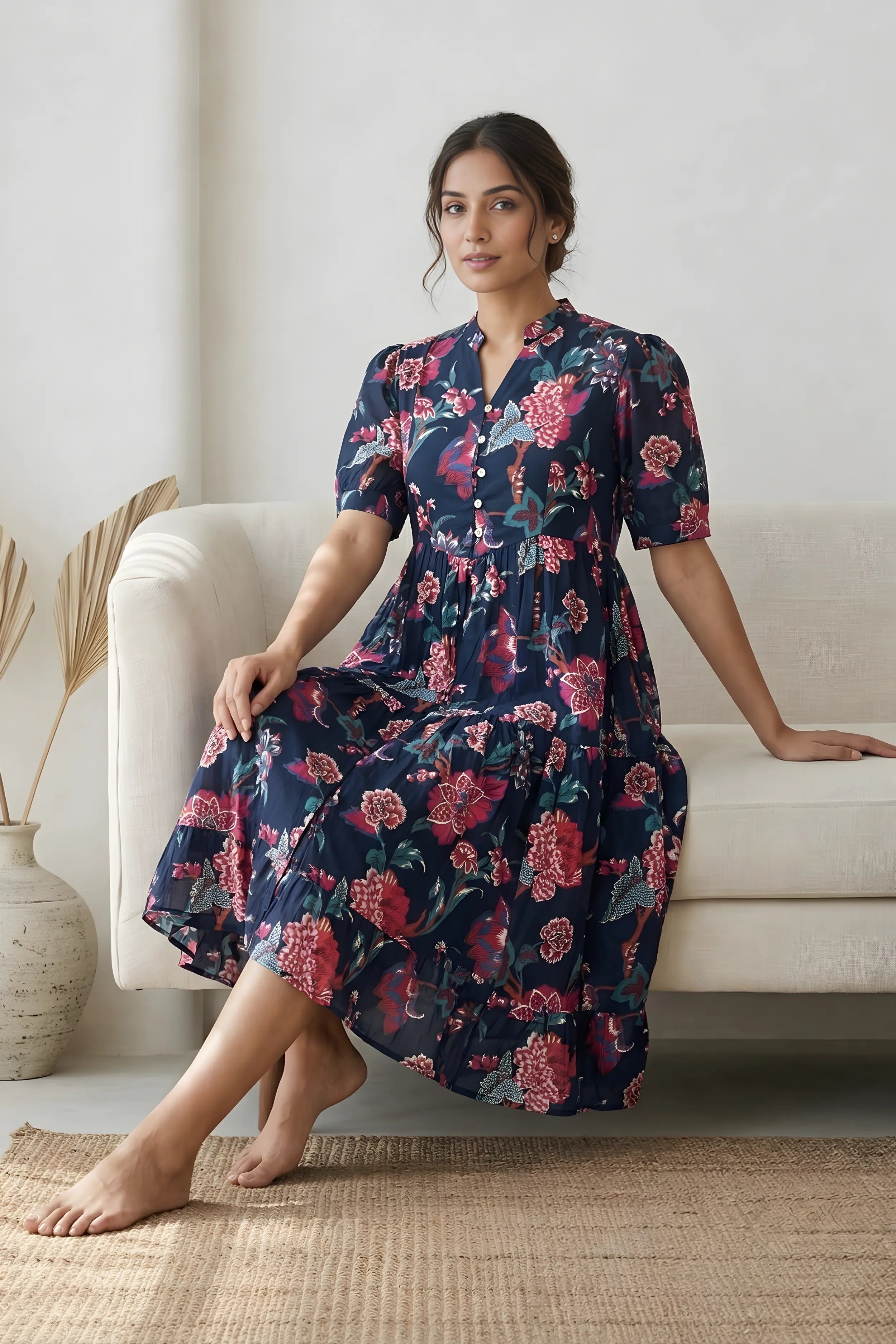 Blue Floral Printed Tiered Fit & Flare Cinderella Dress