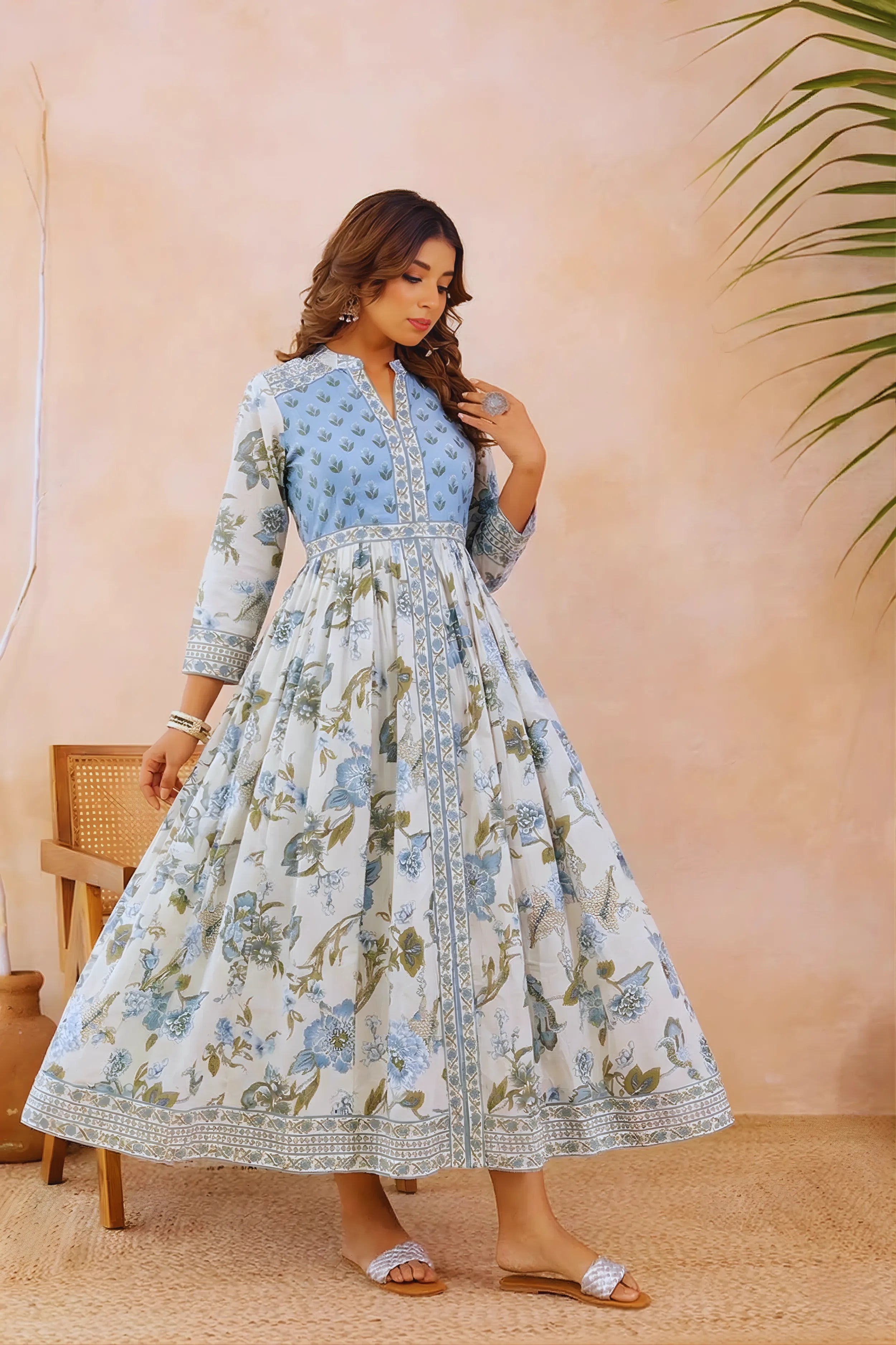 Sky Blue Anarkali Cotton Hand Block Printed Ethnic Maxi Dress
