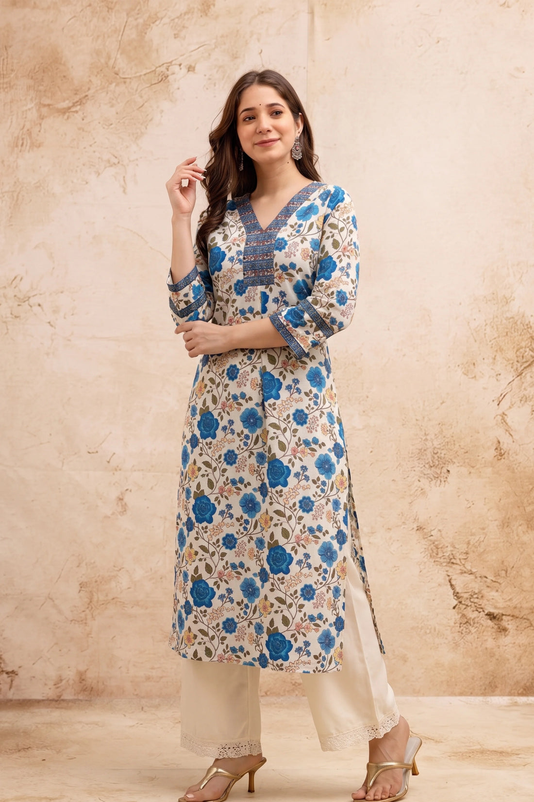 Blue Floral V-Neck Hand Printed Straight Kurta