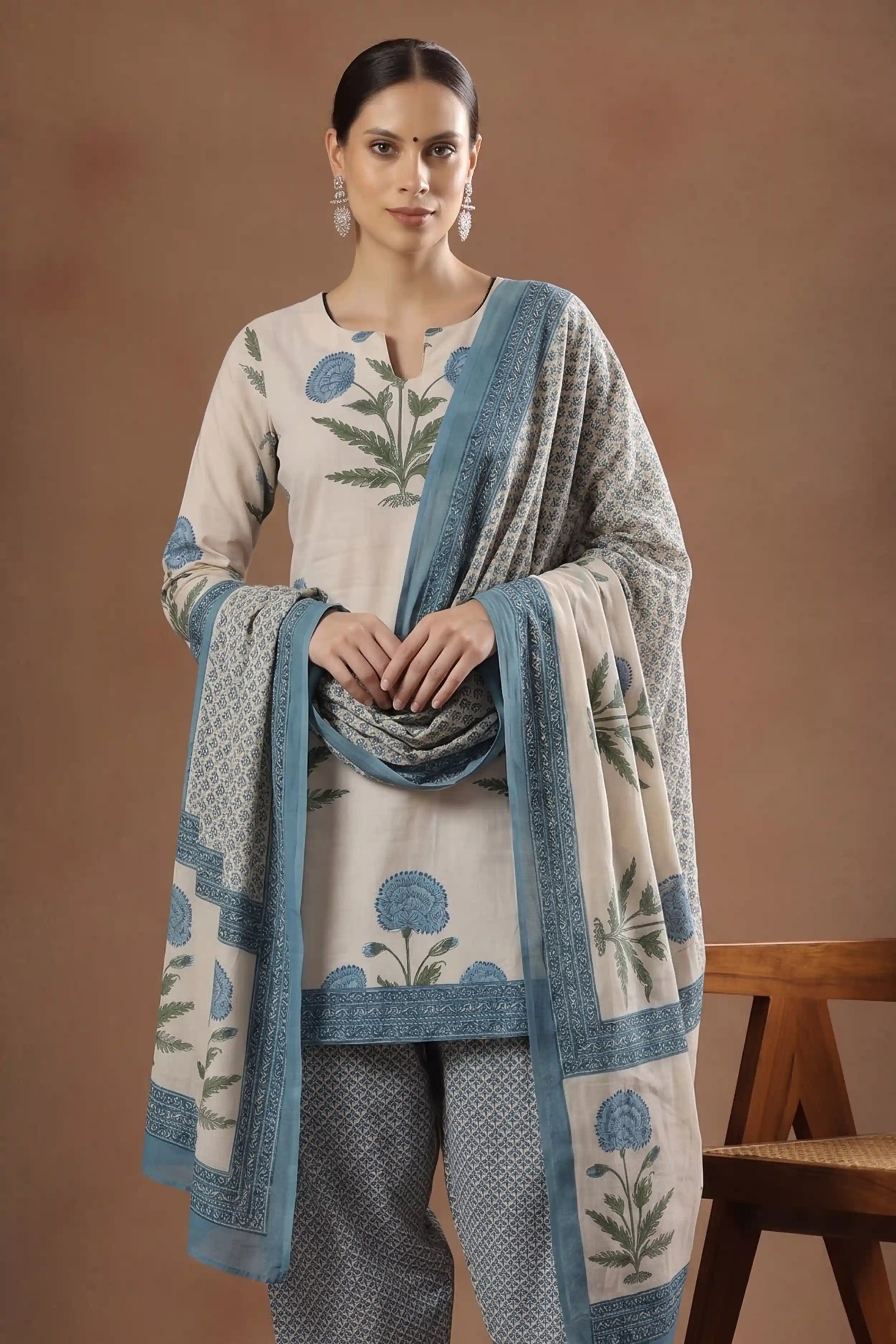 Sky Blue Floral Print Pure Cotton Farsi Salwar Set With Cotton Dupatta