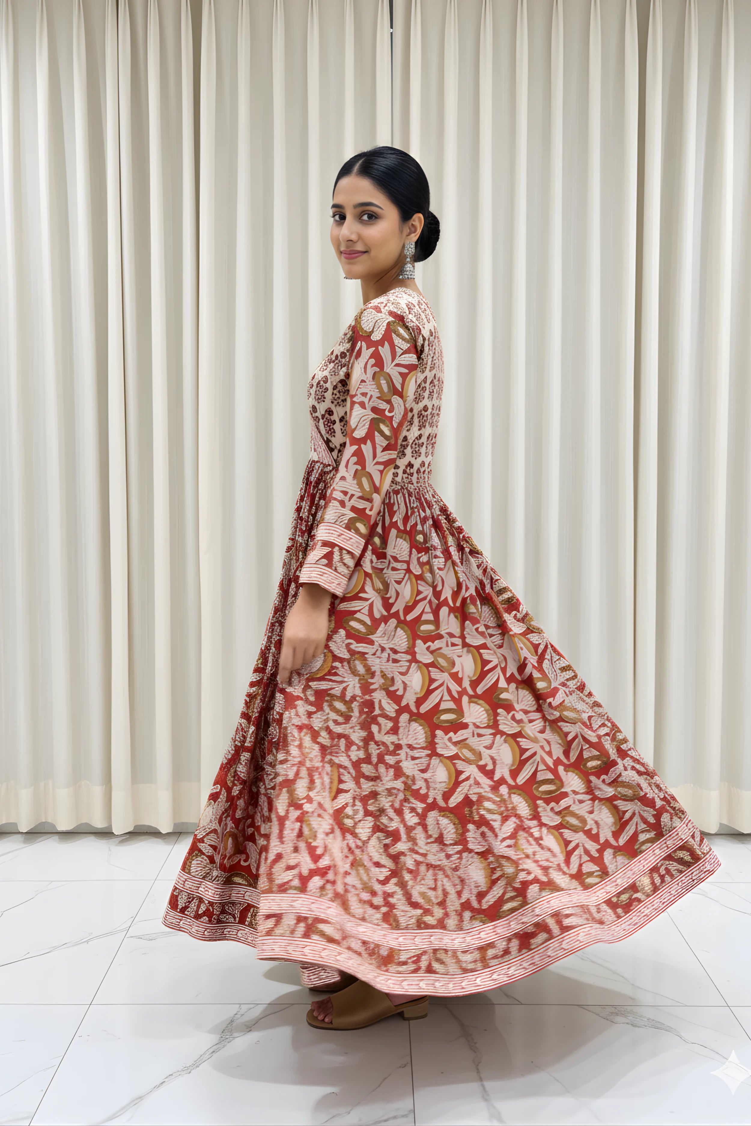 Rust Red Hand Block Printed Anarkali kurta