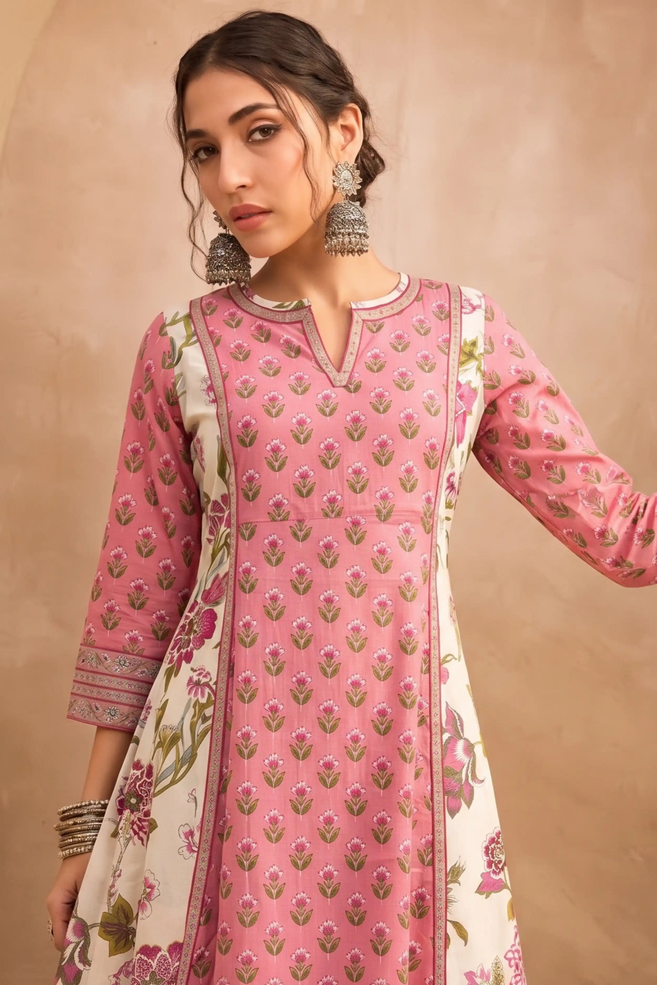 Light Pink Hand Printed A-line Kurta