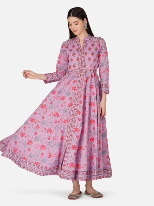 Purple Anarkali Cotton Hand Block Printed Ethnic Maxi Dress
