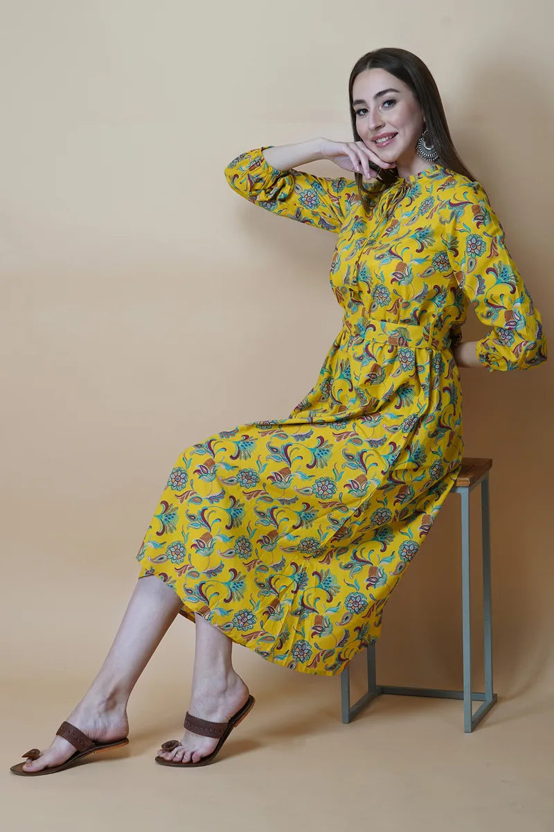 Yellow Block Printed Round Ruffel Neck Dress with Tussel