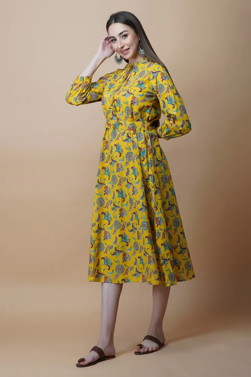 Yellow Block Printed Round Ruffel Neck Dress with Tussel