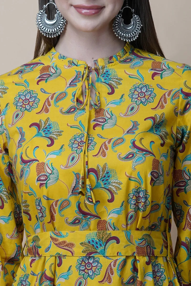 Yellow Block Printed Round Ruffel Neck Dress with Tussel
