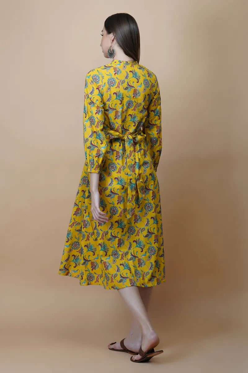 Yellow Block Printed Round Ruffel Neck Dress with Tussel