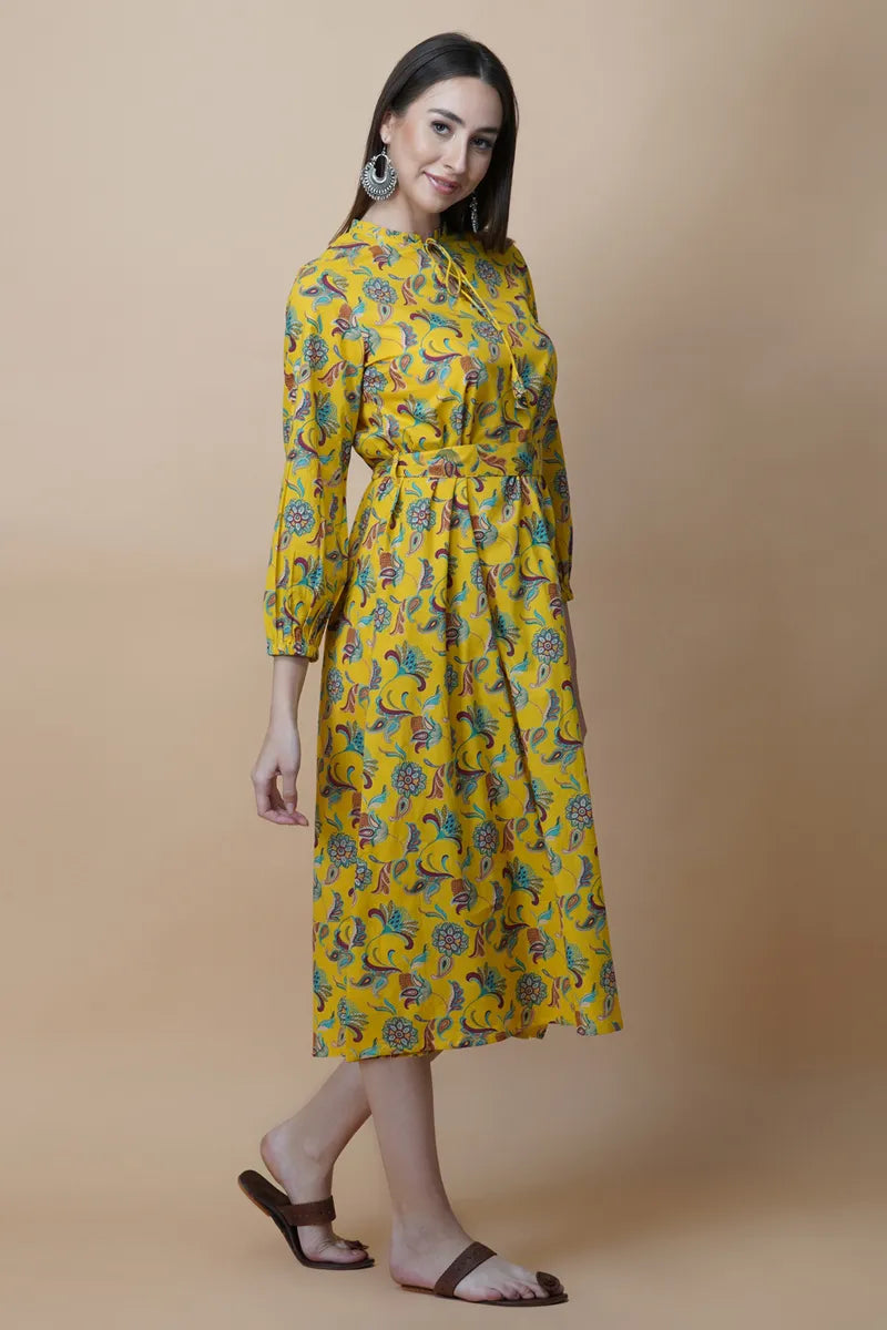 Yellow Block Printed Round Ruffel Neck Dress with Tussel
