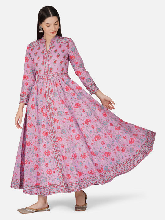 Purple Anarkali Cotton Hand Block Printed Ethnic Maxi Dress