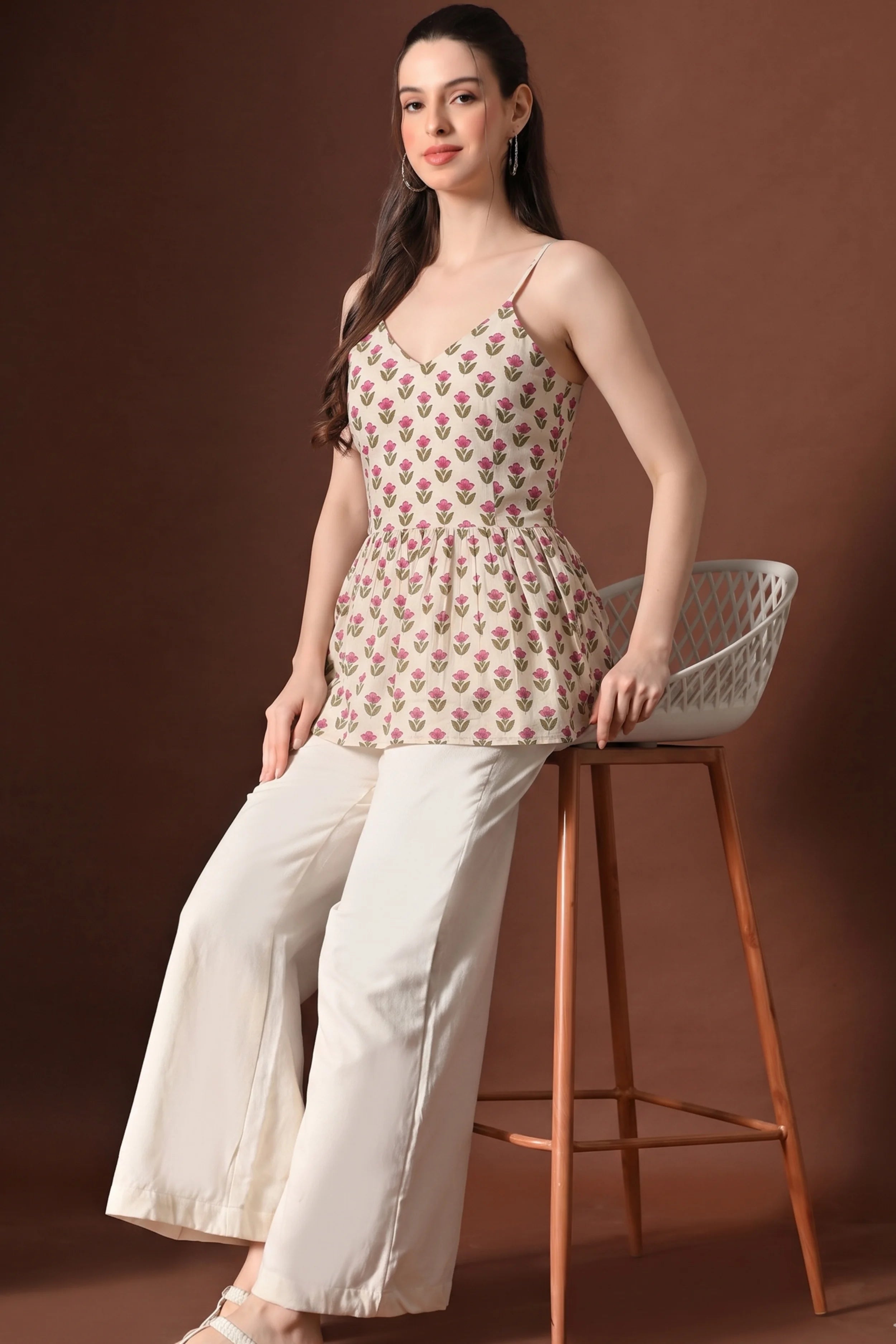 Pink Floral Hand Printed Cotton Spaghetti Top with Lining