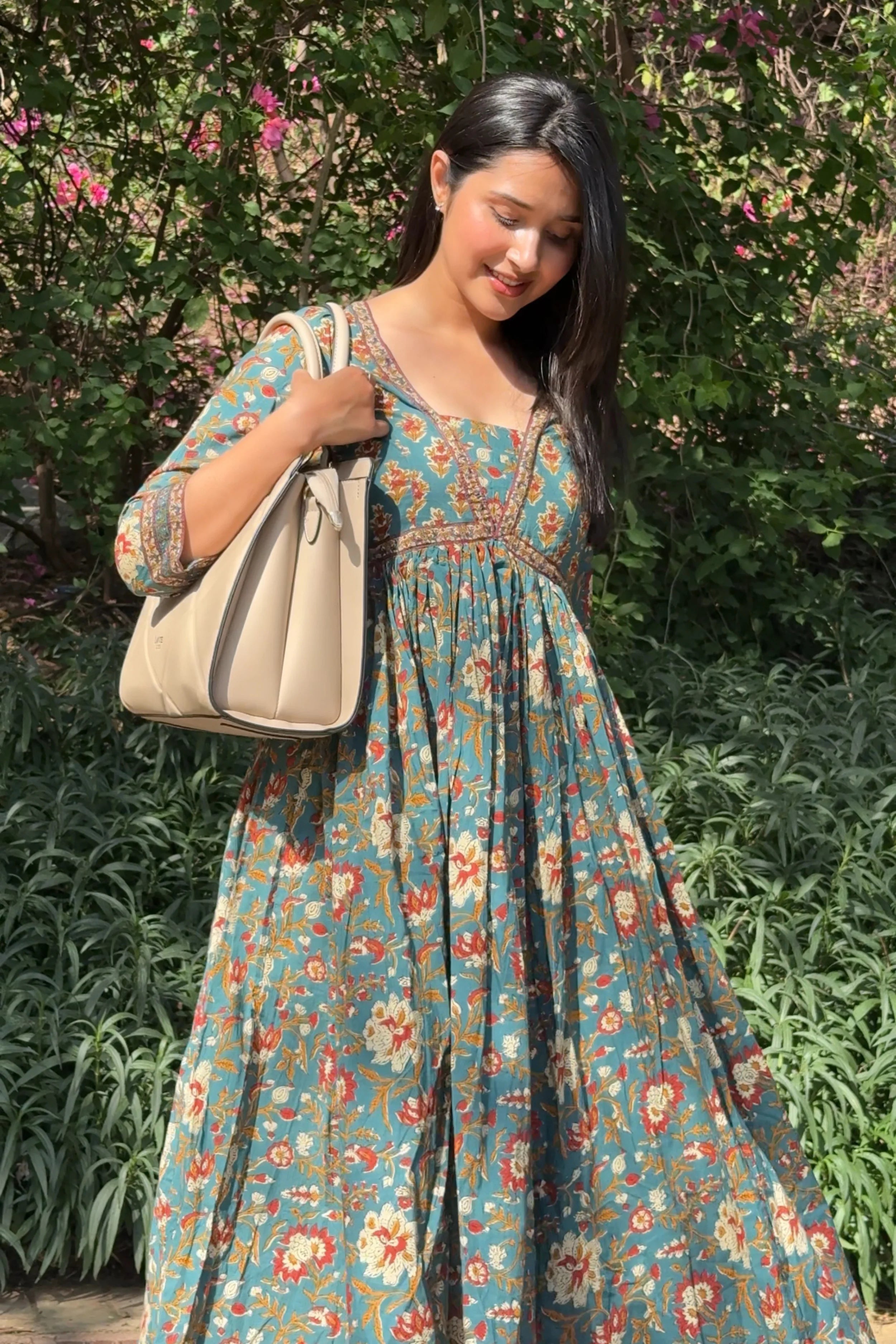 Green Flared Anarkali Cotton Kurta with Floral Print