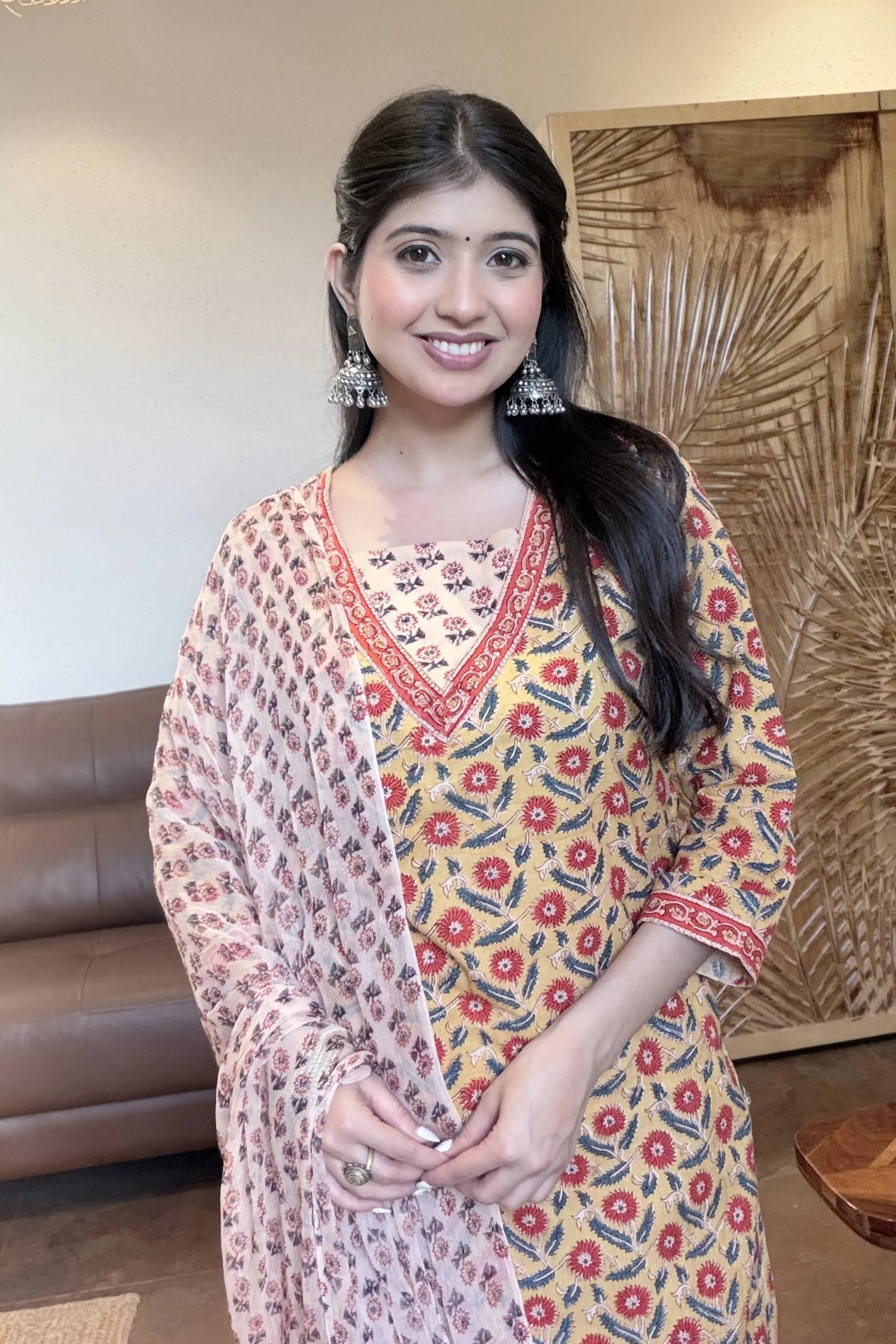 Mustard Floral Printed Hand Block Kurta Set with Chiffon Dupatta