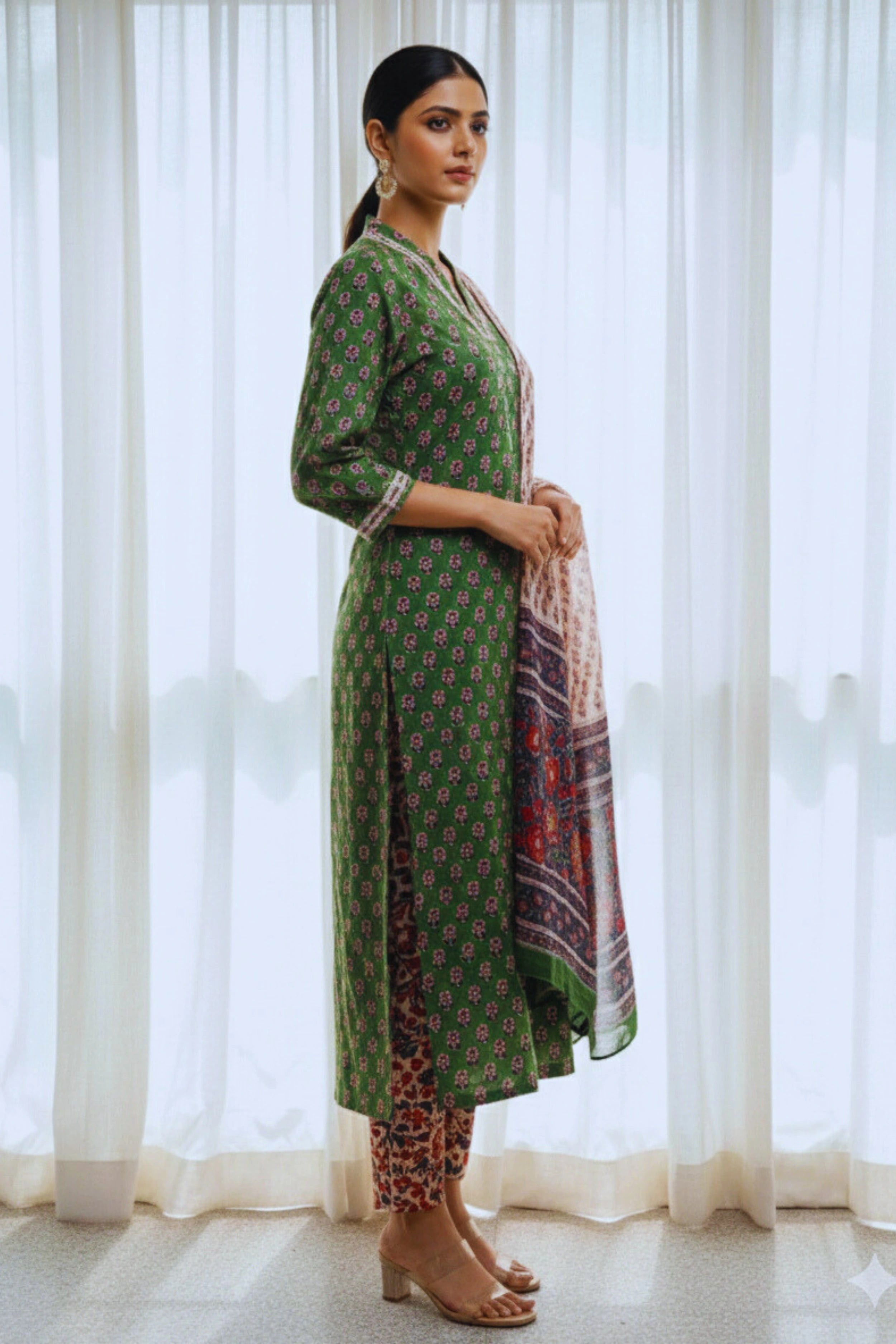Green Hand Block Printed Straight cotton Kurta Set with Chiffon Dupatta