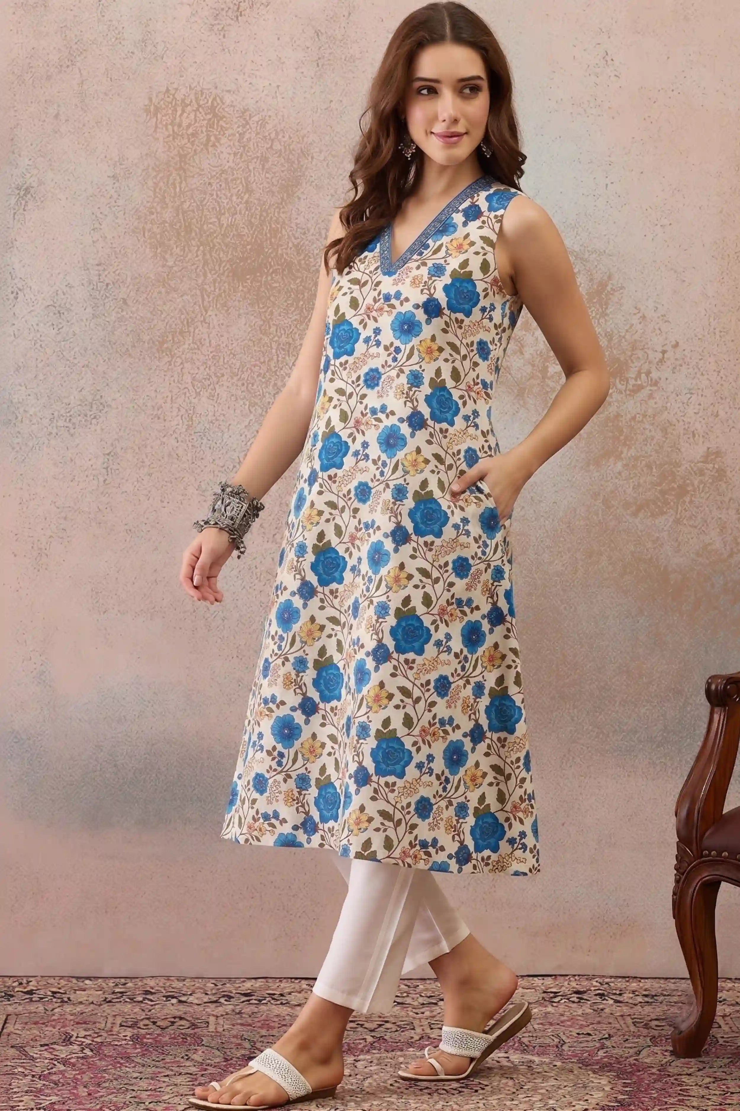 Blue V-Neck Sleeveless A line kurta With Pocket