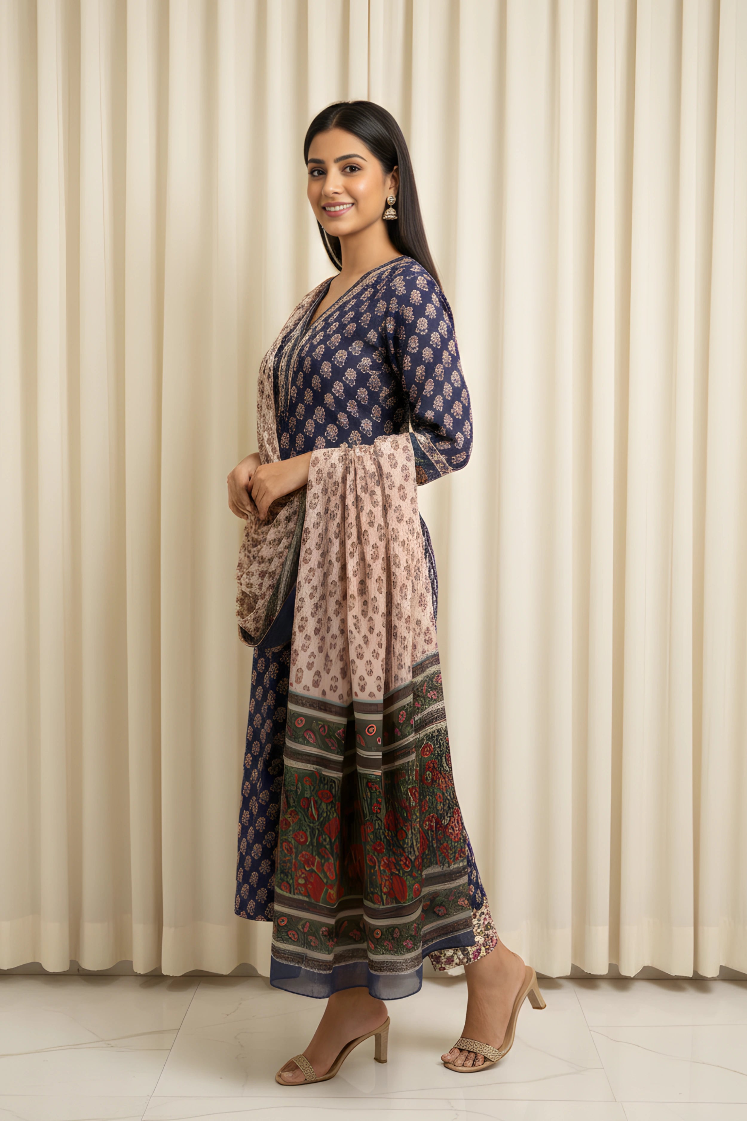Royal Blue Hand Block Printed Straight Kurta Set with Dupatta